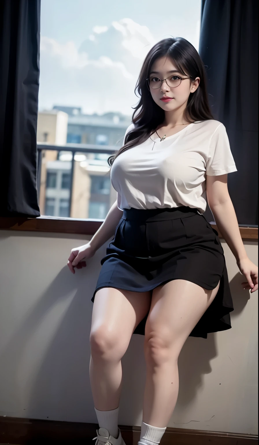 A beautiful beauty, long black hair, big eyes, round face, t-shirt , tight purple metalic skirt, sneakers , slightly fat, plump and sexy, delicate facial features, in the room, dark room, dark sky and dark clouds, HD, high quality, the best picture quality, extreamly thight skirt, glasses, chubby thighs, detail face full body