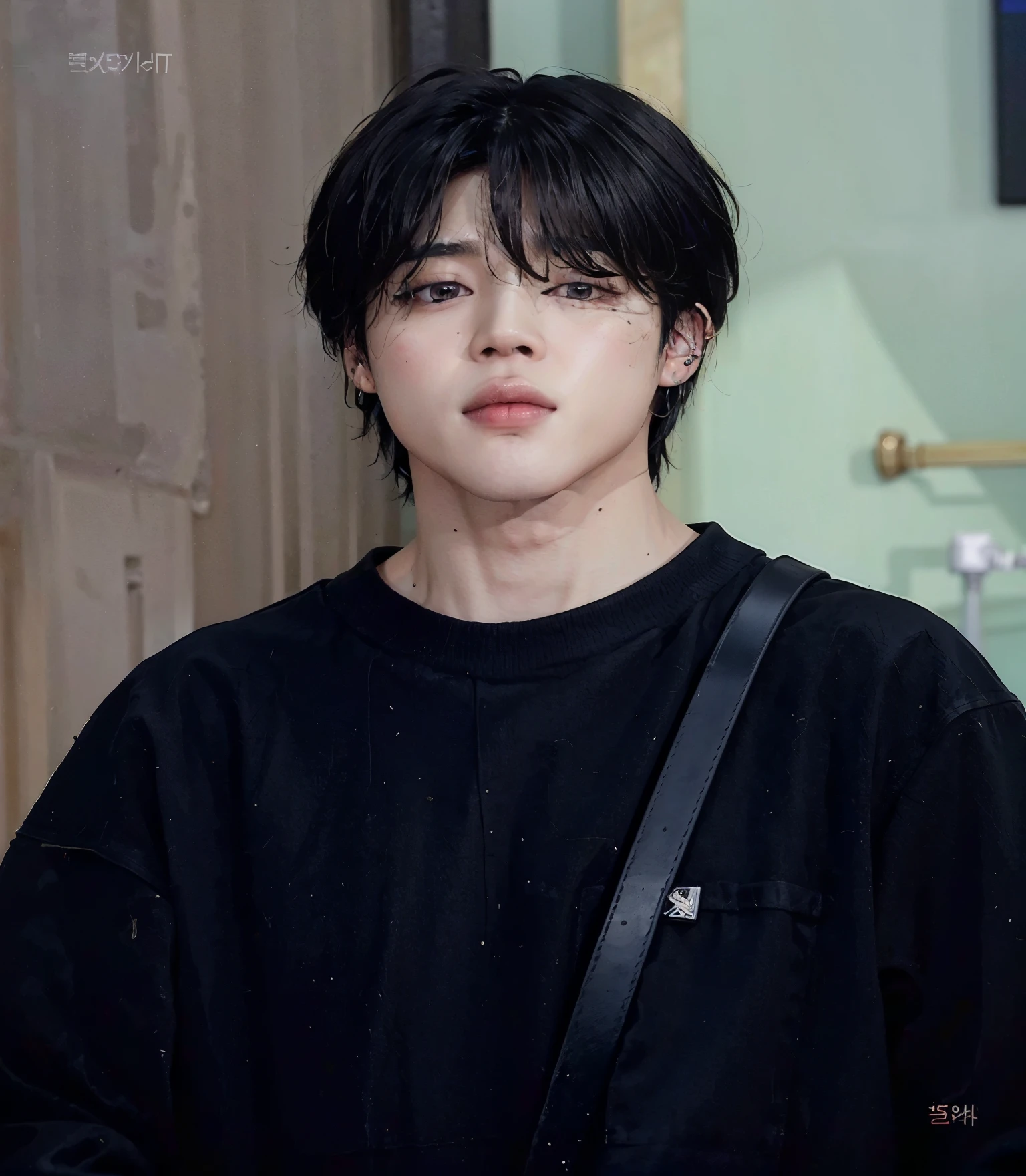 un primer plano de una persona con una camisa negra y un bolso, Jung Jaehyun, kim doyoung, Jimin, park Jimin, Jimin\los labios carnosos, accurate Jimin face, hyung tae, TaeJune Kim, Jinyoung Shin, yoongi de pelo negro, Jimin\his right eyelid is swollen, Jimin\la nariz griega, yanjun chengt, hong junio hyung