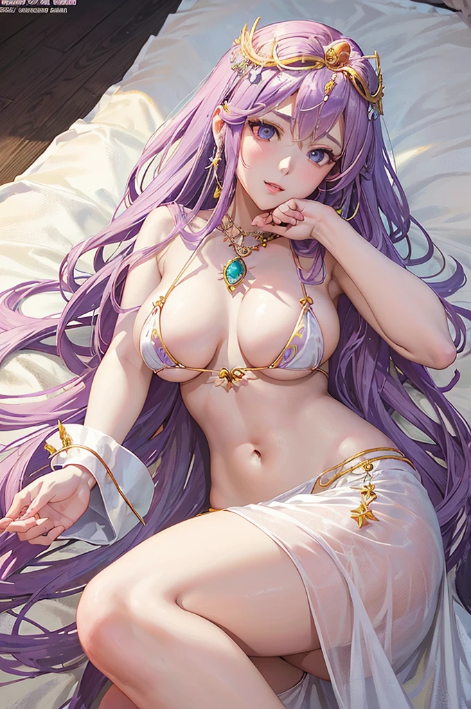 anime - style image of a woman in a white dress with purple hair, anime goddess, ((a beautiful fantasy empress)), lady palutena, portrait knights of zodiac girl, a beautiful fantasy empress, anime princess, cute anime waifu in a nice dress, portrait of megara, royal elegant pose, the greek goddess aphrotite, masterpiece goddess of sorrow