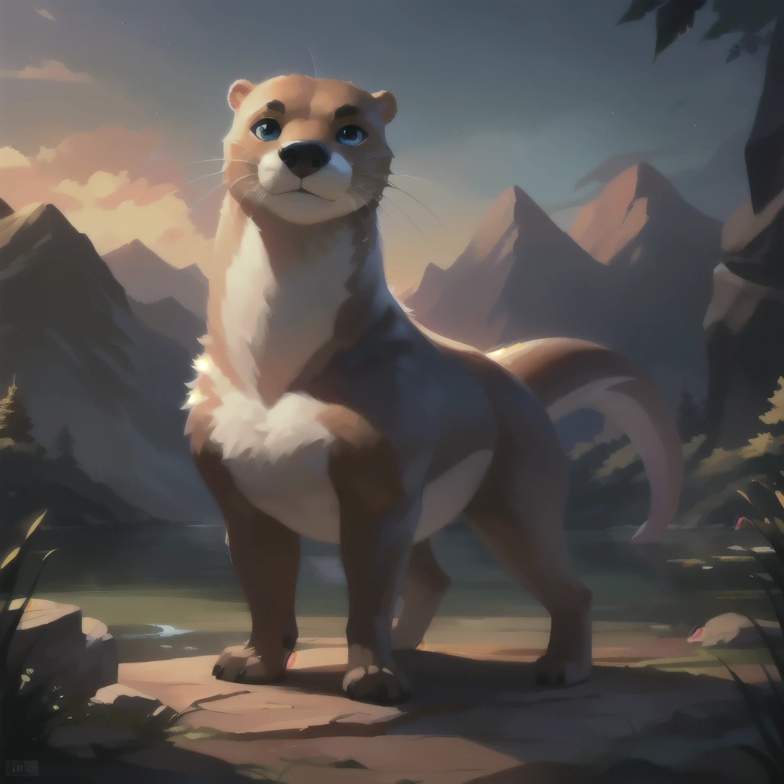 (best quality,4k,8k,highres,masterpiece:1.2),ultra-detailed, vivid colors, river, bokeh effect, detailed background, animalistic, (feral, feral anatomy, otter anatomy, otter face, short legs, no hair, flat chest) otter, detailed otter paws, male otter, detailed fur, well-aged, mature male, daddy otter, muscular feral, raising hindquarters, seductive, thick neck, long body