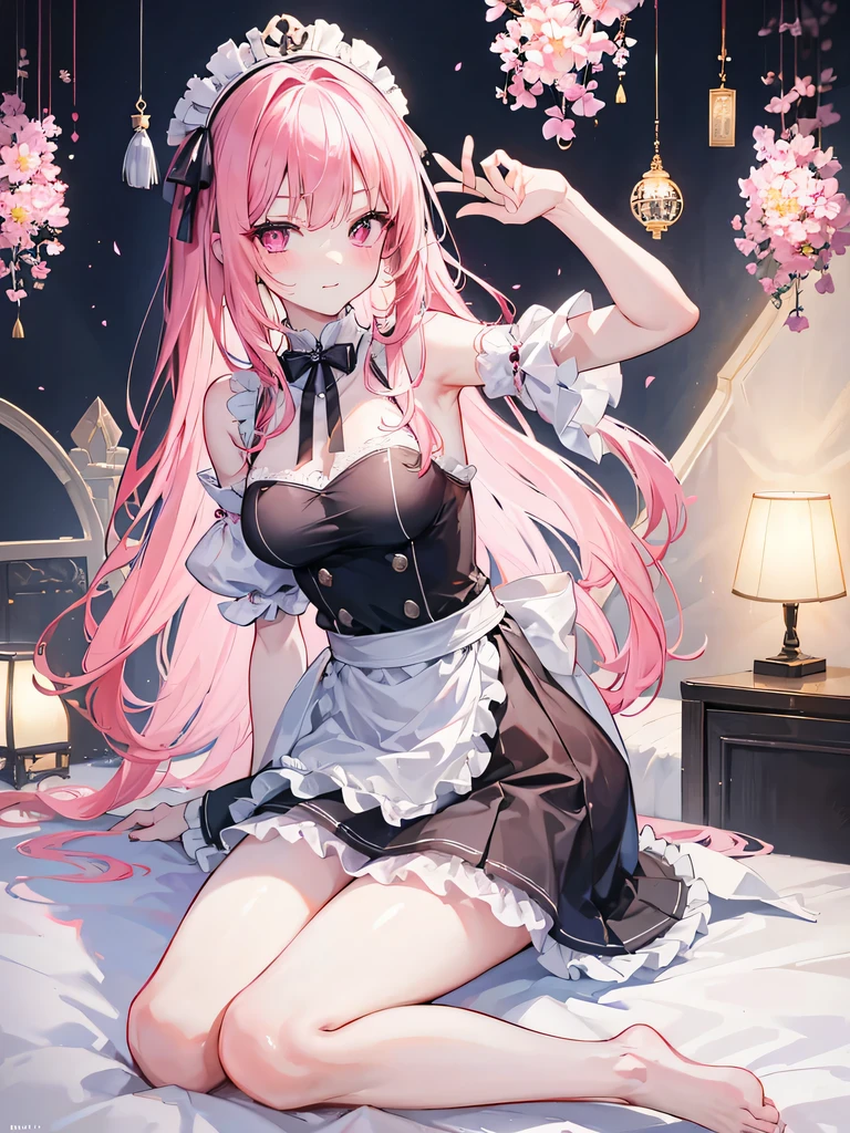 big breasts，Wearing maid outfit，blush, surprise，look at me，red pupils，Lace tights，beautiful hair、 beautiful eyes、 beautiful skin、beautiful legs、beautiful arms、perfect fingers、 very cute，white色的头发, long hair，white色的猫耳朵, white色的猫尾巴,best quality，high resolution，top quality、 looking at the audience,sitting,kneeling&Place on the bed，Knees together,internal figure eight，Beautiful girl alone，Pink bow，slender eyebrows，hair slightly moist，在一张非常大的white色床上, white色枕头，perfect waist，Skirt has cutouts at the end，Pouting，The clothes are a little wet，little girl，very young，18 years old，shy smile，长长的凌乱的white发被绑起来，tempting pose，chiaroscuro，bare shoulders，Bare breasts，Split sleeves，white，There are a few drops of water on the breast