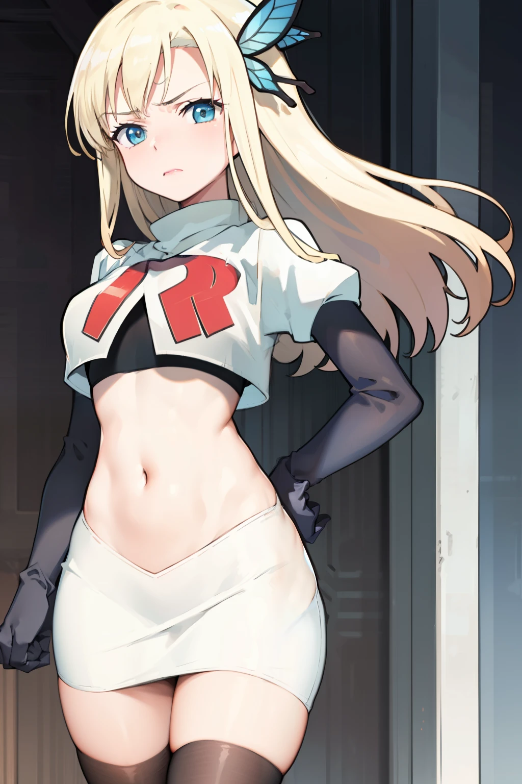 (best quality:1.1), (masterpiece:1.4), (absurdres:1.0),
1girl, kashiwazaki sena, butterfly_hair_ornament, blond hair, solo focus, team rocket,team rocket uniform,white skirt,crop top,black thigh-highs,black elbow gloves,