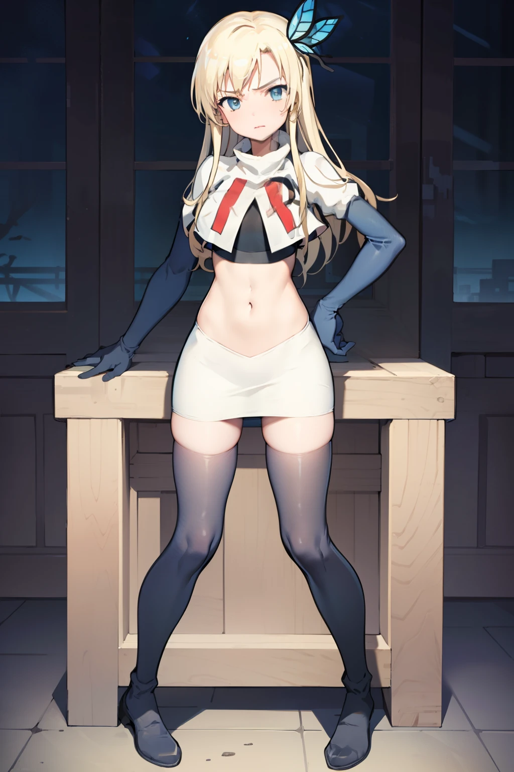 (best quality:1.1), (masterpiece:1.4), (absurdres:1.0),
1girl, kashiwazaki sena, butterfly_hair_ornament, blond hair, solo focus, team rocket,team rocket uniform,white skirt,crop top,black thigh-highs,black elbow gloves,