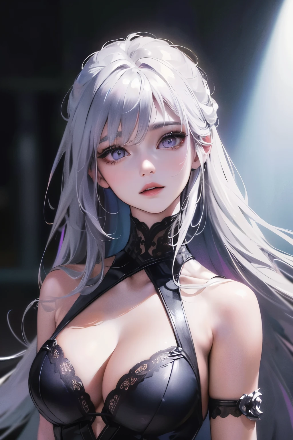 (best quality,4k,8k,highres,masterpiece:1.2),ultra-detailed,(realistic,photorealistic,photo-realistic:1.37),HDR,UHD,studio lighting,ultra-fine painting,sharp focus,physically-based rendering,extreme detail description,professional,vivid colors,bokeh,portraits. Overall, this artwork presents a tall girl, exuding an aura of elegance and mystery in a night scene. The mesmerizing (purple eyes, grey shade pupils) and unique (long hair, white platinum hair) make her stand out, while the (black long dress) adds a touch of sophistication. The (best quality,4k,8k,highres,masterpiece:1.2) image showcases the (ultra-detailed) features of the girl, with (realistic) rendering and mesmerizing (vivid colors). The (studio lighting) and carefully crafted (lighting) add depth and atmosphere to the artwork, making it a true (portrait) masterpiece. Hint of blue.