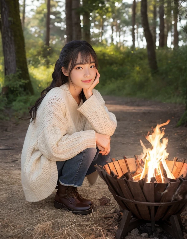 (8K, Best Quality, Masterpiece, Ultra High Definition, High Definition Face:1.5), (highly detailed), looking at the camera, (20-year-old woman:1.3), (very low angle full body shot:1.3), 1 beautiful woman, (Japanese and Ukrainian Mixed Race Beautiful woman), white skin, (very Fair skin, shiny skin:1.4), pin spot light, (beautiful eyes, light in the eyes), Glossy, violently fluttering hair, very smile, Cute, random hair styles, random hair color, ((beautiful woman enjoying camping, campfire)), 8 life size, skinny big boobs