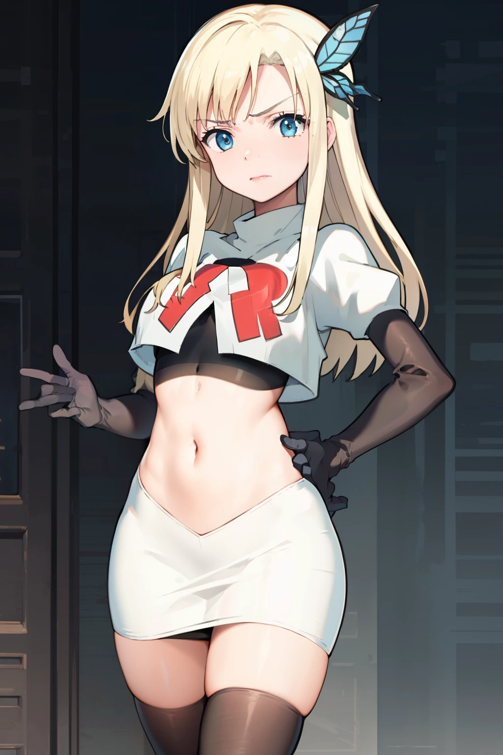 (best quality:1.1), (masterpiece:1.4), (absurdres:1.0), 
1girl, kashiwazaki sena, butterfly_hair_ornament, blond hair, solo focus, team rocket,team rocket uniform,white skirt,crop top,black thigh-highs,black elbow gloves,
