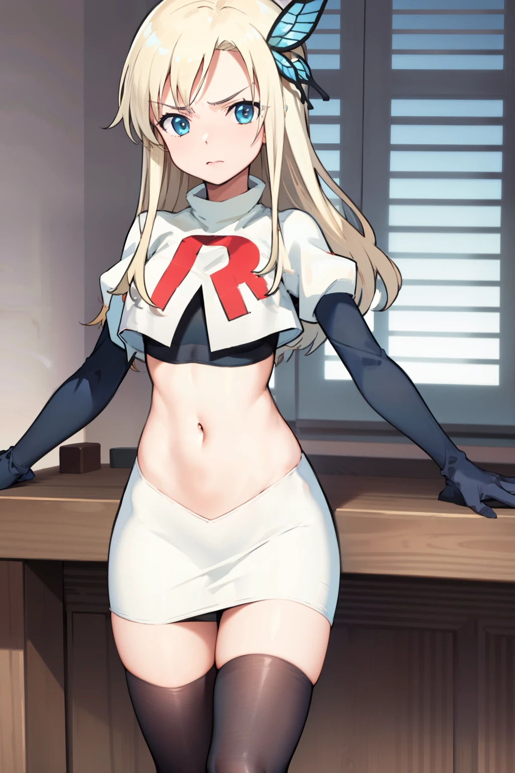 (best quality:1.1), (masterpiece:1.4), (absurdres:1.0), 
1girl, kashiwazaki sena, butterfly_hair_ornament, blond hair, solo focus, team rocket,team rocket uniform,white skirt,crop top,black thigh-highs,black elbow gloves,
