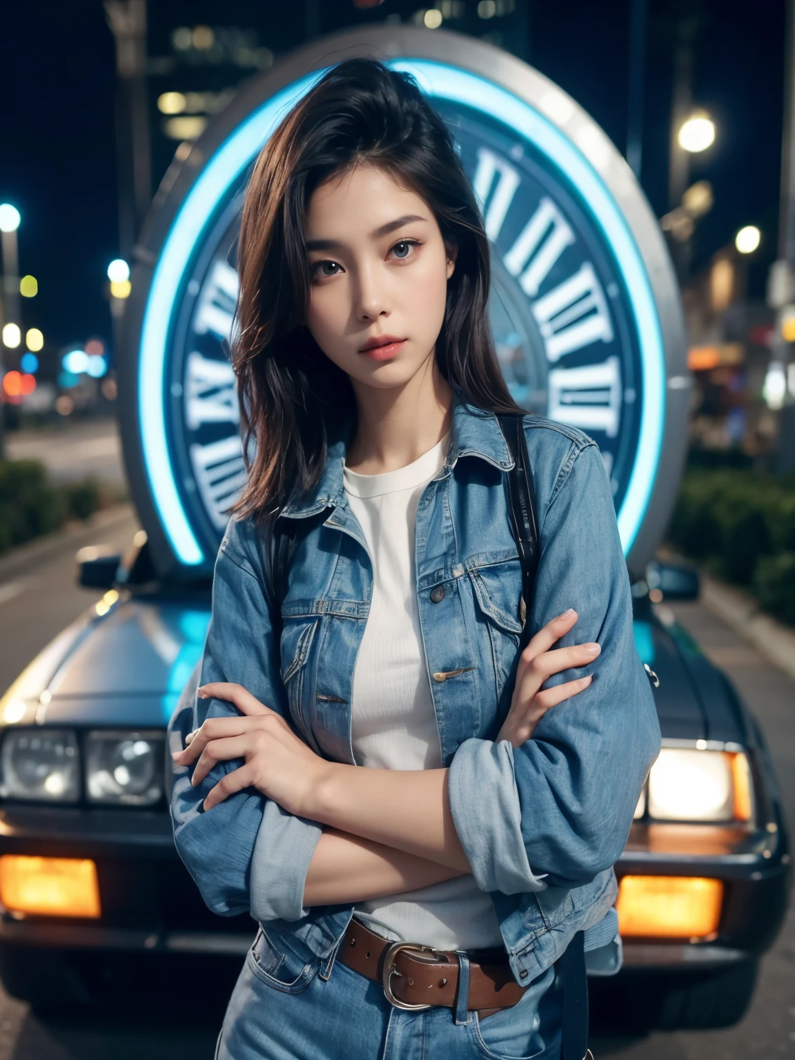 One Beautiful Woman。Dark brown hair。she is wearing a jacket、standing with arms crossed。There is a car-shaped time machine behind the woman.。The time zone is night、Location is urban。