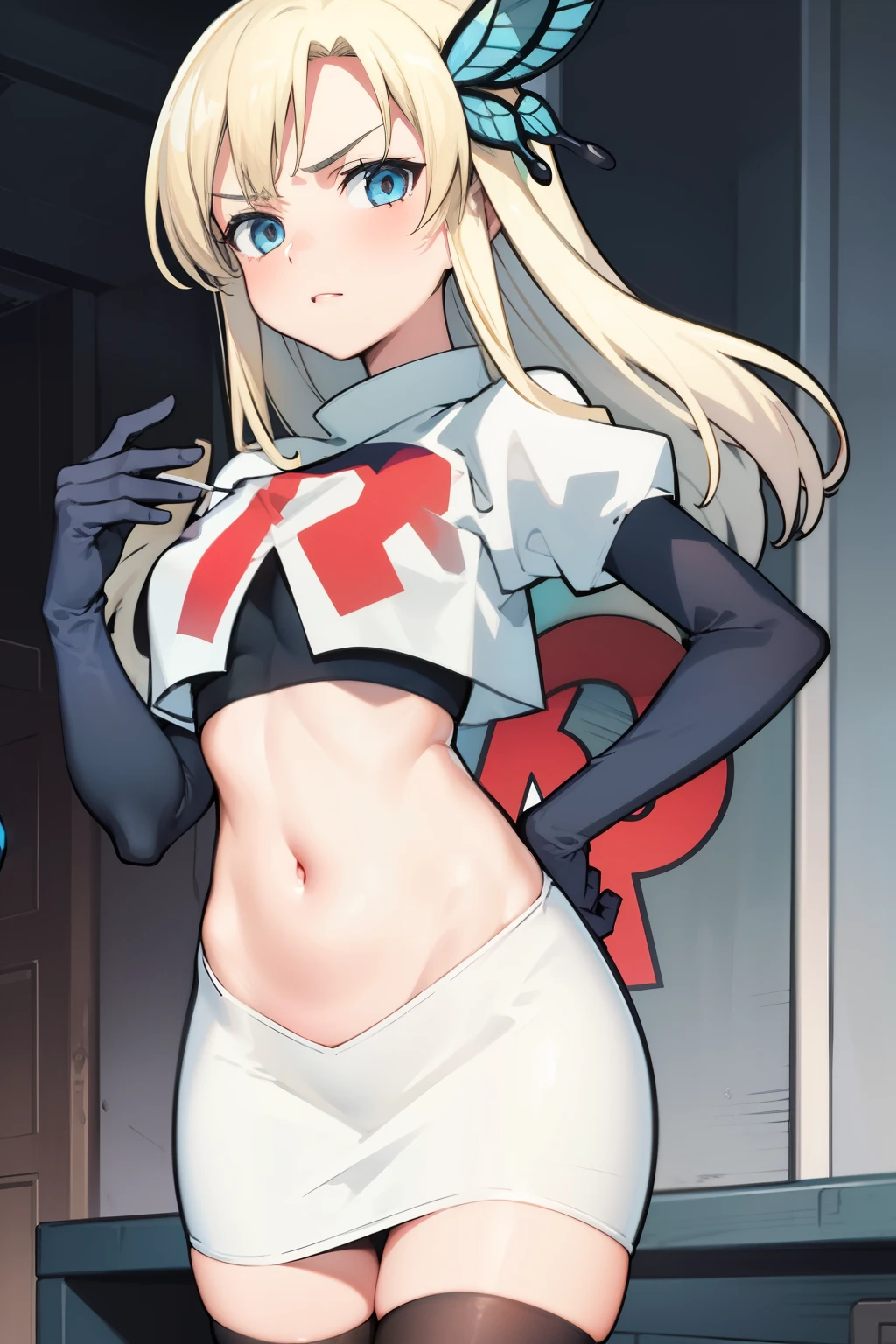 (best quality:1.1), (masterpiece:1.4), (absurdres:1.0), 
1girl, kashiwazaki sena, butterfly_hair_ornament, blond hair, solo focus, team rocket,team rocket uniform,white skirt,crop top,black thigh-highs,black elbow gloves,
