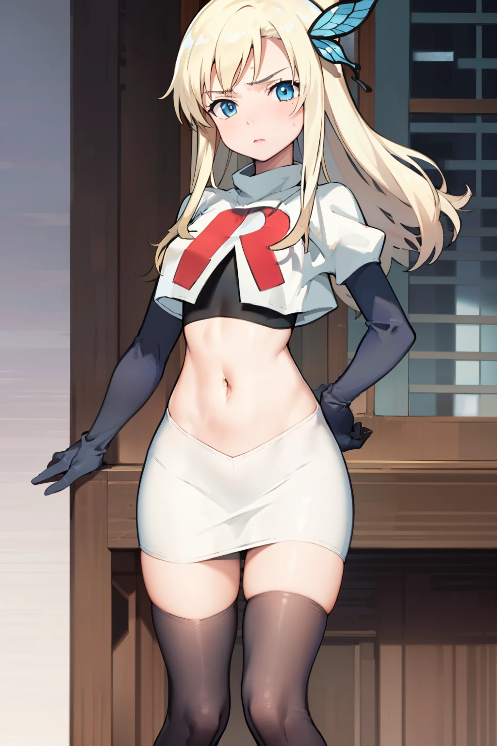 (best quality:1.1), (masterpiece:1.4), (absurdres:1.0),
1girl, kashiwazaki sena, butterfly_hair_ornament, blond hair, solo focus, team rocket,team rocket uniform,white skirt,crop top,black thigh-highs,black elbow gloves,