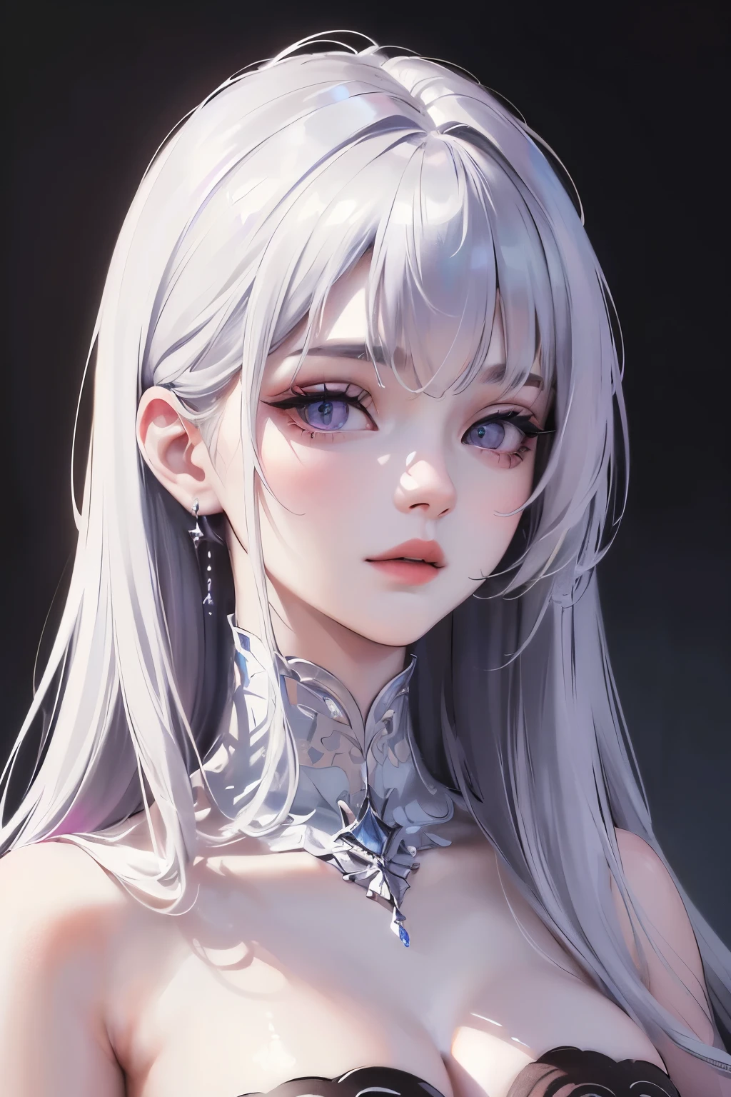 (best quality,4k,8k,highres,masterpiece:1.2),ultra-detailed,(realistic,photorealistic,photo-realistic:1.37),HDR,UHD,studio lighting,ultra-fine painting,sharp focus,physically-based rendering,extreme detail description,professional,vivid colors,bokeh,portraits. Overall, this artwork presents a tall girl, exuding an aura of elegance and mystery in a night scene. The mesmerizing (purple eyes, grey shade pupils) and unique (long hair, white platinum hair) make her stand out, while the (black long dress) adds a touch of sophistication. The (best quality,4k,8k,highres,masterpiece:1.2) image showcases the (ultra-detailed) features of the girl, with (realistic) rendering and mesmerizing (vivid colors). The (studio lighting) and carefully crafted (lighting) add depth and atmosphere to the artwork, making it a true (portrait) masterpiece. Hint of blue.