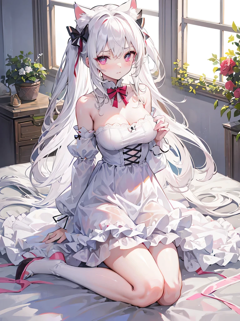 big breasts,Wearing maid outfit,blush, surprise,look at me,red pupils,Lace tights,beautiful hair、 beautiful eyes、 beautiful skin、beautiful legs、beautiful arms、perfect fingers、 very cute,white hair, long hair,white cat ears, white cat tail,best quality,high resolution,top quality、 looking at the audience,sitting,kneeling&Place on the bed,Knees together,internal figure eight,Beautiful girl alone,pink bows,slender eyebrows,hair slightly moist,On a very large white bed, white pillows,perfect waist,Skirt has cutouts at the end,Pouting,The clothes are a little wet,,very young,18 years old,shy smile,Long messy white hair tied up,tempting pose,chiaroscuro,bare shoulders,Naked of breast,separate sleeves,There are a few drops of water on the breast,bare legs