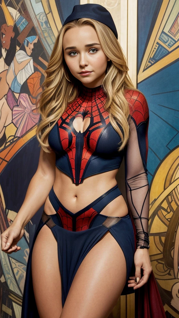 Hayden Panettiere、Sticking out the navel、newyork、She wears a torn Spider-Man suit,wearing a skirt、abstract photorealistic、artistic、Alphonse Mucha's painting(masterpiece、highest quality、High resolution:1.4)、detailed、複雑なdetailed、In 4K、color splash、line drawing、fibonacci、