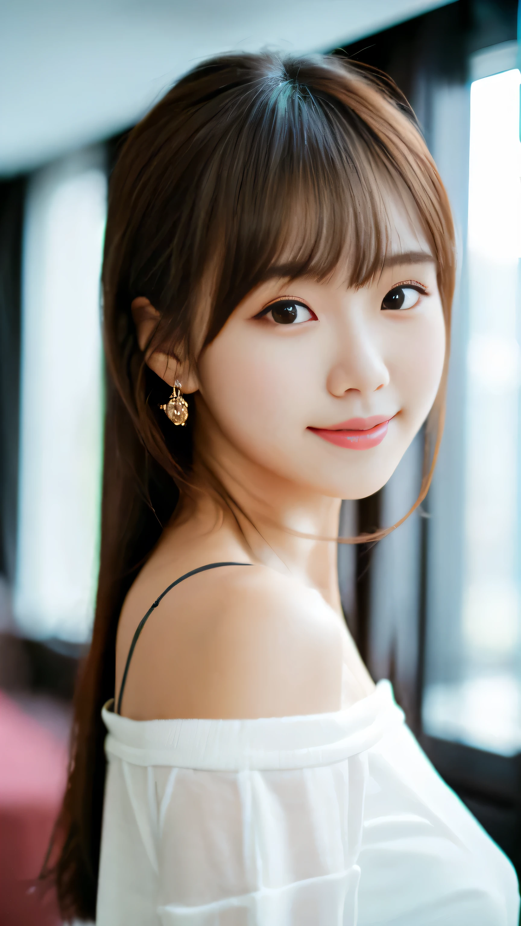 (highest quality), (masterpiece), (High resolution), (intricate details:0.2),(professional lighting), room, detailed background, Oversized Black T-Shirt, off shoulder, (previous view), 1 girl, alone, (beautiful face:1.40), Because I'm slender, fine skin, smile, Brown hair with long ponytail, sky blue eyes, (medium sized beast:1.10), View with viewer,