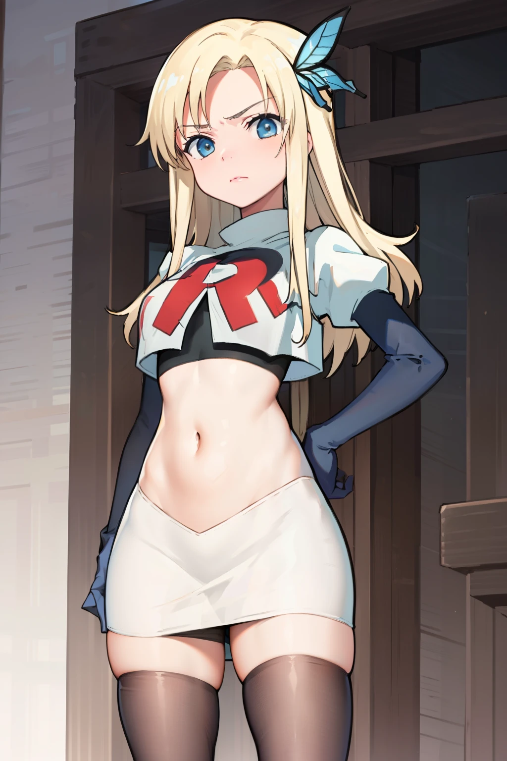 (best quality:1.1), (masterpiece:1.4), (absurdres:1.0), 
1girl, kashiwazaki sena, butterfly_hair_ornament, blond hair, solo focus, team rocket,team rocket uniform,white skirt,crop top,black thigh-highs,black elbow gloves,
