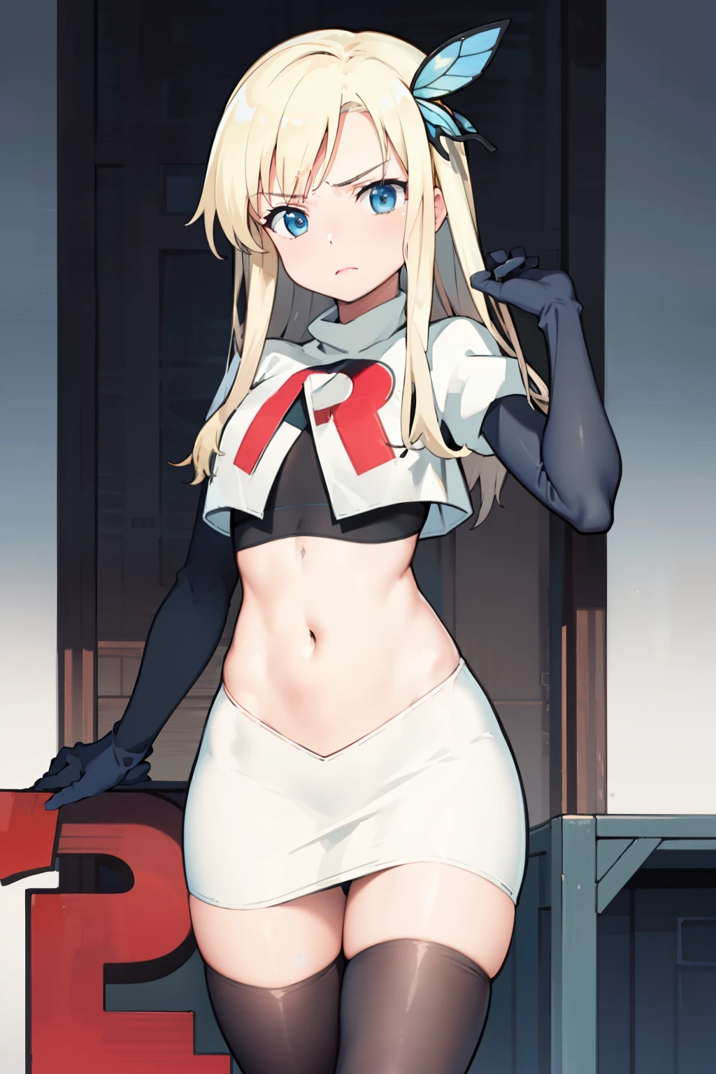 (best quality:1.1), (masterpiece:1.4), (absurdres:1.0), 
1girl, kashiwazaki sena, butterfly_hair_ornament, blond hair, solo focus, team rocket,team rocket uniform,white skirt,crop top,black thigh-highs,black elbow gloves,
