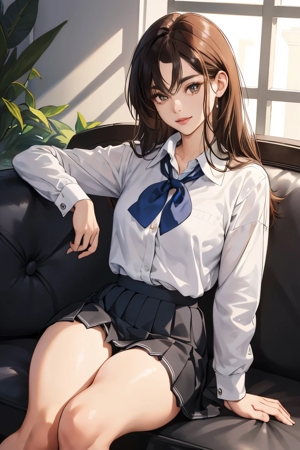 a girl with shiny skin, (ultra-detailed, best quality, high resolution), sitting on a plush couch indoors, wearing a school uniform with a pleated skirt and loafers, black socks rolled up at the knee, her thick thighs slightly spread apart, revealing a peek of white panties, her anatomically correct figure displayed in an alluring pose, looking directly at the audience with a coy, sidesmalty expression, her long brown hair cascading over her shoulders, her eyes bright and full of life, ( Detailed face, intricately detailed features), her lips glossed and parted, inviting a closer look.