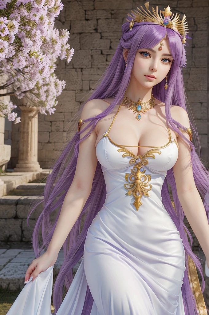 anime - style image of a woman in a white dress with purple hair, anime goddess, ((a beautiful fantasy empress)), lady palutena, portrait knights of zodiac girl, a beautiful fantasy empress, anime princess, cute anime waifu in a nice dress, portrait of megara, royal elegant pose, the greek goddess aphrotite, masterpiece goddess of sorrow