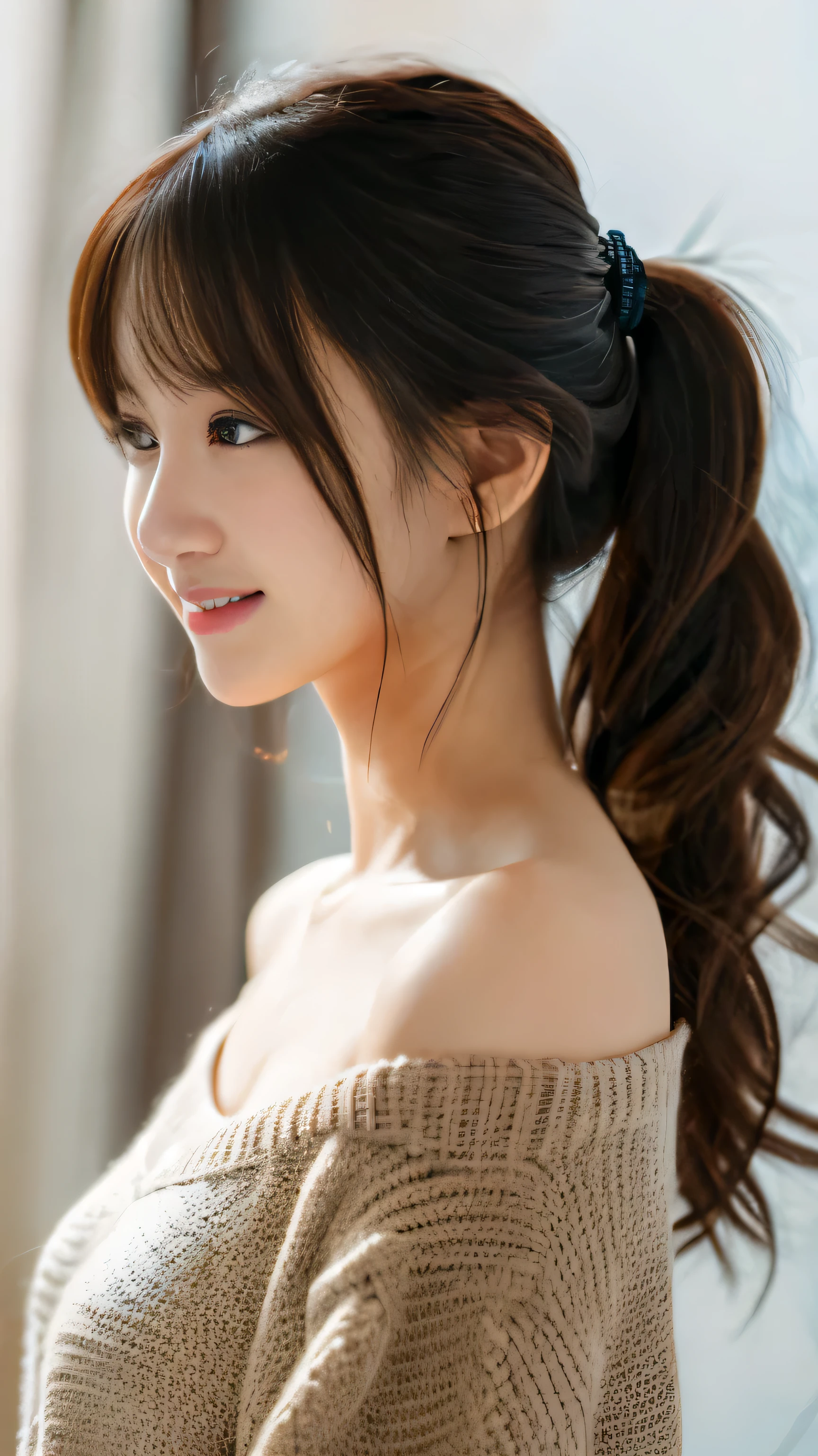 (highest quality), (masterpiece), (High resolution), (intricate details:0.2),(professional lighting), room, detailed background, Oversized Black T-Shirt, off shoulder, (previous view), 1 girl, alone, (beautiful face:1.40), Because I'm slender, fine skin, smile, Brown hair with long ponytail, sky blue eyes, (medium sized beast:1.10), View with viewer,