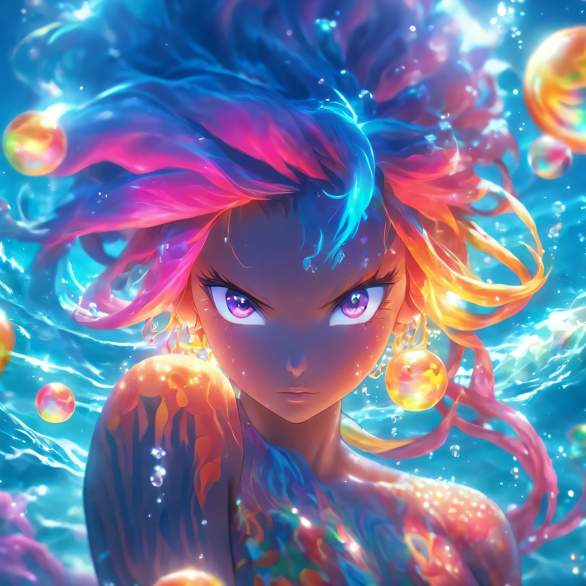 (angryocean goddess,ocean witch,fiery persona,sparkling bubbles,jellyfish,rainbow colored hair),(best quality,4k,8k,highres,masterpiece:1.2),ultra-detailed,(realistic,photorealistic,photo-realistic:1.37),vivid colors,sparkling water,glowing atmosphere,magical lighting,ethereal,commanding presence,striking eyes,powerful pose,seaweed accessories,oceanic crown,stormy background,rippled reflections,translucent skin,water swirls,surreal beauty,luminous complexion