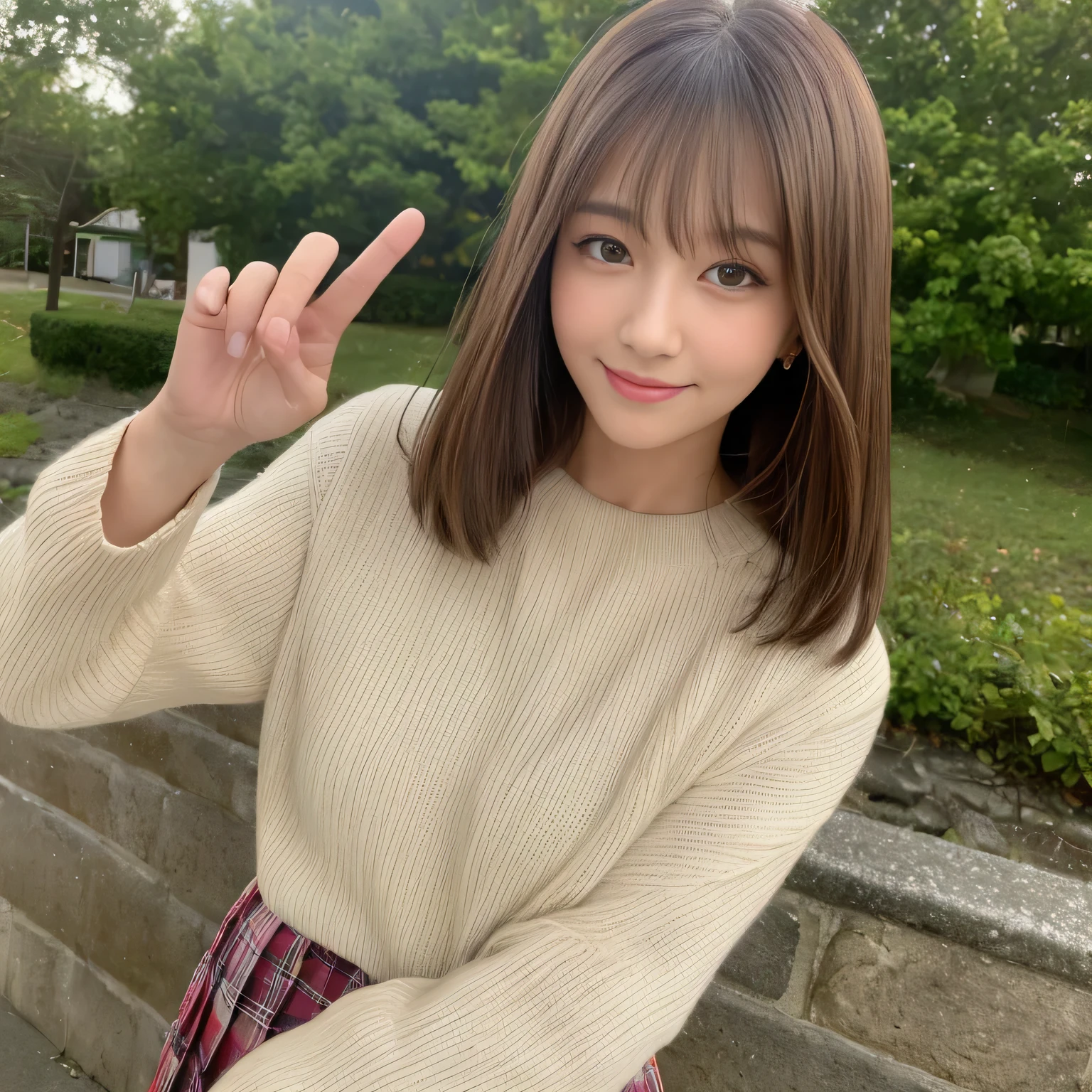 ((最high quality、8K、masterpiece:1.3))，Mole on the lower left side of the lip，25 years old，table top, Photo taken from 10m away，best image quality, high quality, Ask a photographer to take a picture，Do not copy hands，japanese girl,beautiful，cute, small face，Mole on the lower left side of the lip，A photo taken far away from the subject，smile，eyebrows are closely spaced，close your eyes，pleated skirt，smile，rural scenery，bust９０CM，Gravure Idol Figure, thatに慣れる, thatに慣れる eyes, thatに慣れる skin, beautiful肌, 超High resolution, (reality: 1.4),とてもbeautiful, A little young face, beautiful肌, thin, (超reality的な), (High resolution), (8K), (非常にthatに慣れる) (beautiful and fine eyes), (超thatに慣れる), (wallpaper), (thatに慣れる face), looking at the viewer, small details, thatに慣れる face, smile, sweater, ミニのpleated skirt, look straight ahead, look straight ahead, Angle from the waist up, reality的な写真, bright lighting, professional lighting, mature woman, (brown hair, medium long hair, layer cut, swaying in the wind, bangs),blur the background，Big eyes，Narrow space between the eyes，茶色のsweater，Clearly define the shape of the hand and fingers，small mole on the lower left side of the lip，that&#39;It&#39;s not a selfie，