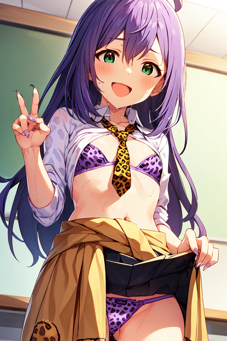 nsfw,(super fine illustration,8K CG wallpaper,best quality,extremely detailed,ultra high res,best aesthetic),(cowboy shot,from front),1girl, solo,idolmaster, ((anna mochiduki)), (yo, beautiful girl), (beautiful green eyes),(eyeshadow),(((beautiful purple hair)))), ((midium long hair)),(ahoge),(wet hair), (shiny hair),(wet skin), (dark skin),(shiny skin),(school uniform, white collared shirt, collarbone, red tie, checked skirt,chorker, wearing a cardigan around the waist),(flat chests,very small breasts),(((Leopard print bra and panty))), (sweaty body), (open clothes)),((lift skirt)),(grin),(one eye closed),((Kamimei),((open mouths)), (out tongue),(lipstick),((fingernails)),(background classroom),Blur the background,looking down at viewer, 