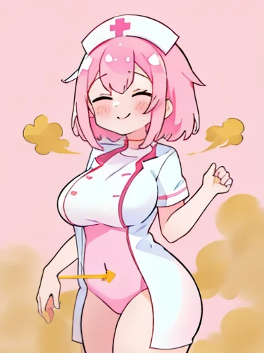 1 girl、white nurse uniform、pink hair、fart、shyness、smile、Medical office、big breasts