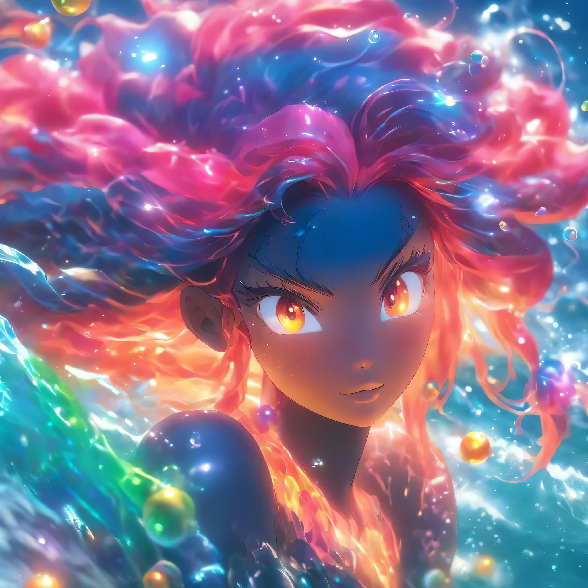 (angryocean goddess,ocean witch,fiery persona,sparkling bubbles,jellyfish,rainbow colored hair),(best quality,4k,8k,highres,masterpiece:1.2),ultra-detailed,(realistic,photorealistic,photo-realistic:1.37),vivid colors,sparkling water,glowing atmosphere,magical lighting,ethereal,commanding presence,striking eyes,powerful pose,seaweed accessories,oceanic crown,stormy background,rippled reflections,translucent skin,water swirls,surreal beauty,luminous complexion
