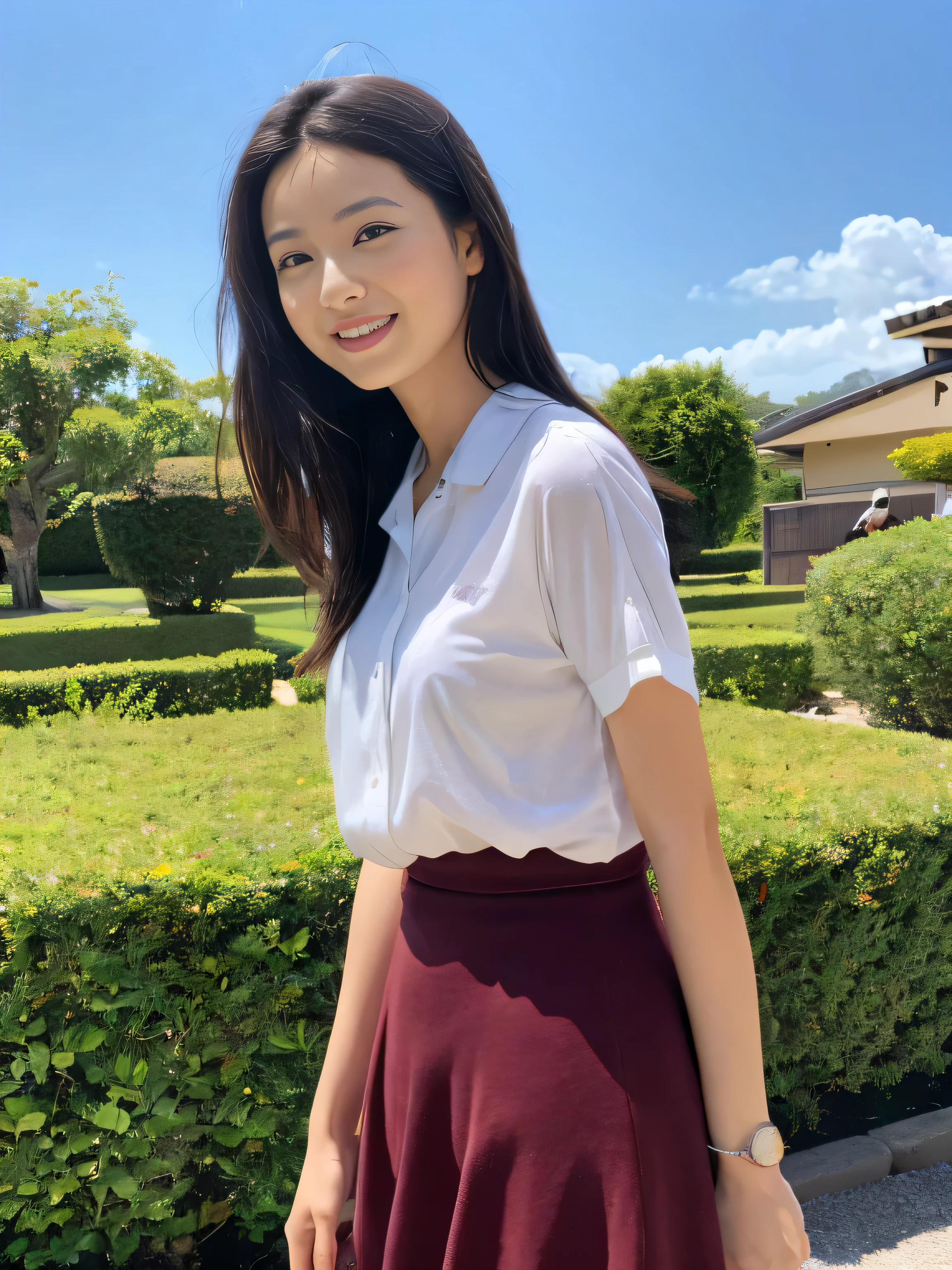 (masterpiece:1.5),(highest quality:1.5),(super detailed:1.3),(figure:1.2),(8k wallpaper:1.2),(highest quality:1.2),(very detailed:1.2),(shortening),(Photoreal),(Photorealistic),(unreal engine),(High resolution:1.2),(oil:1.05),(Hatch)(highest quality:1.1),(surreal:1.1),(very fine,beautiful),, panorama,, 1 girl,, (Blouses and layered skirts), , smile,, stand,, (on Okinoshima),,  Japan,Okinoshima