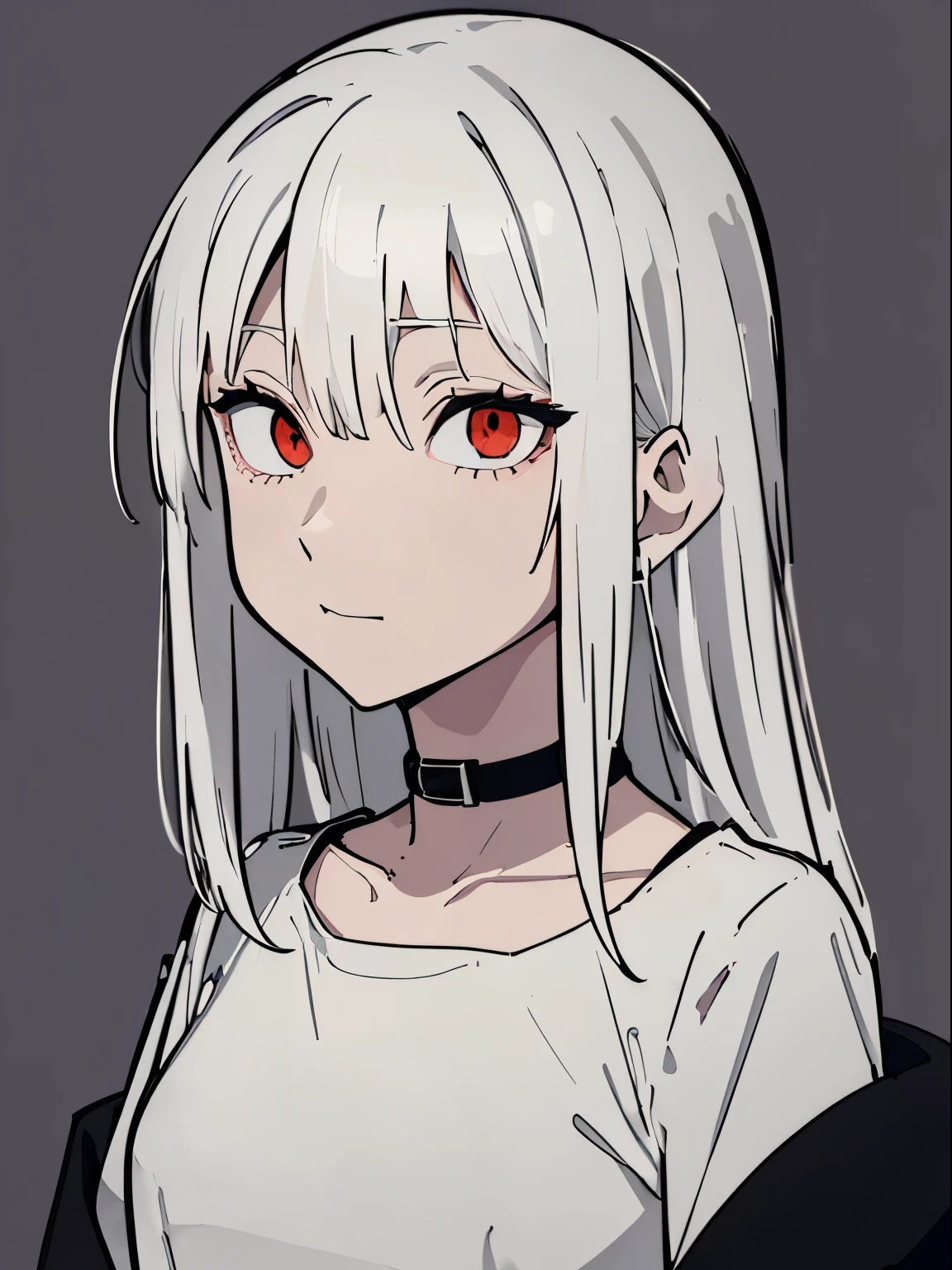 style of painting,(empty background),((Flat chest)),(Front Portrait), (Black and whature Women,((Microthorax)),(High cold),Hey, hey, smile,monochrome, blank stare, dead fish eyes, cool beauty,half lidded eyes, indifferent expression, black and white portrait, bored, impassive, loner,(Alone),Wispy bangs,Textured straight,Above the waist,((White Hair)),(Red Pupil),((White Dress)),Shirt,Wispy bangs