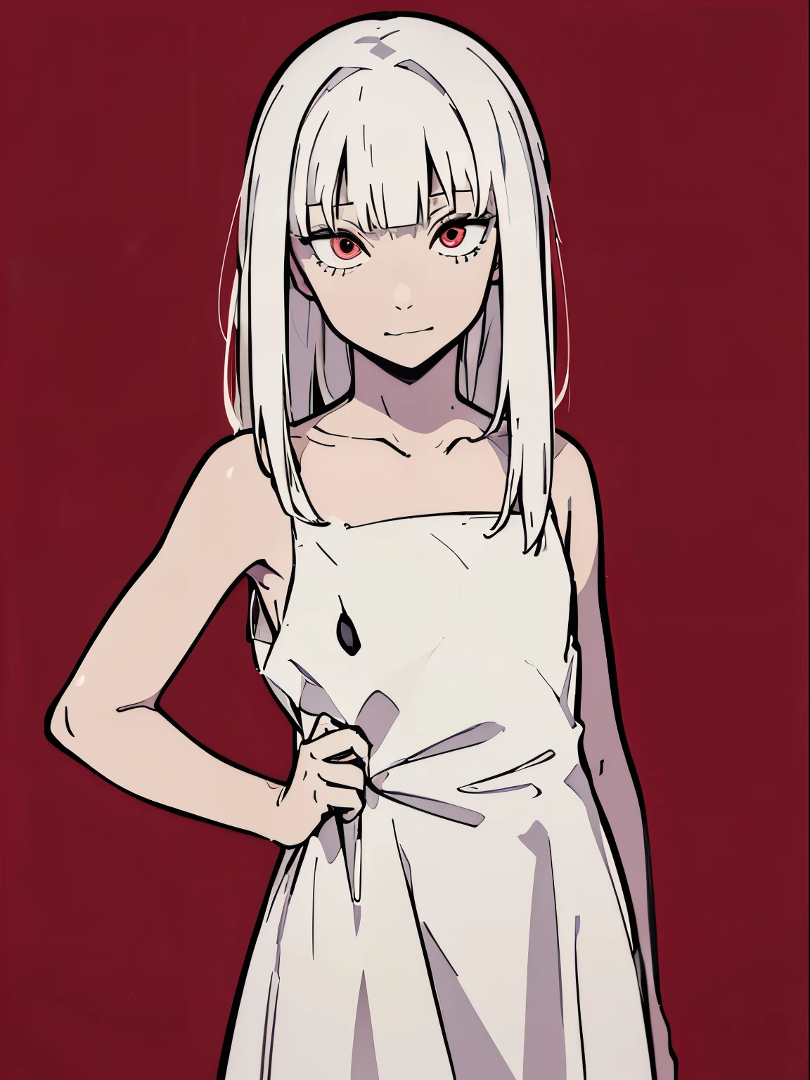 style of painting,(empty background),((Flat chest)),(Front Portrait), (Black and whature Women,((Microthorax)),(High cold),Hey, hey, smile,monochrome, blank stare, dead fish eyes, cool beauty,half lidded eyes, indifferent expression, black and white portrait, bored, impassive, loner,(Alone),Wispy bangs,Textured straight,Above the waist,((White Hair)),(Red Pupil),((White Dress)),Shirt,Wispy bangs