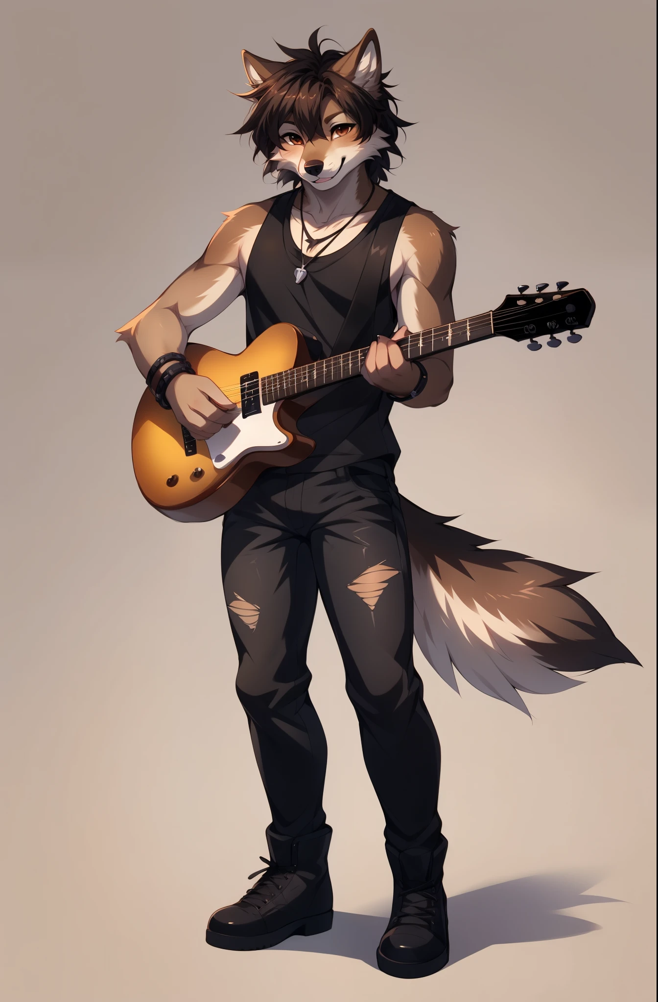 Jaiden, brown male wolf, brown eyes, brown ears, brown wolf tail, cute snout, wearing black tank top, many leather bracelets, necklace, black ripped pants, black boots, grinning, mouth open, playing the guitar, holding a black epiphone g400 guitar, no background, blank background, he is dancing, by fumiko, by hyattlen, by hioshiru,