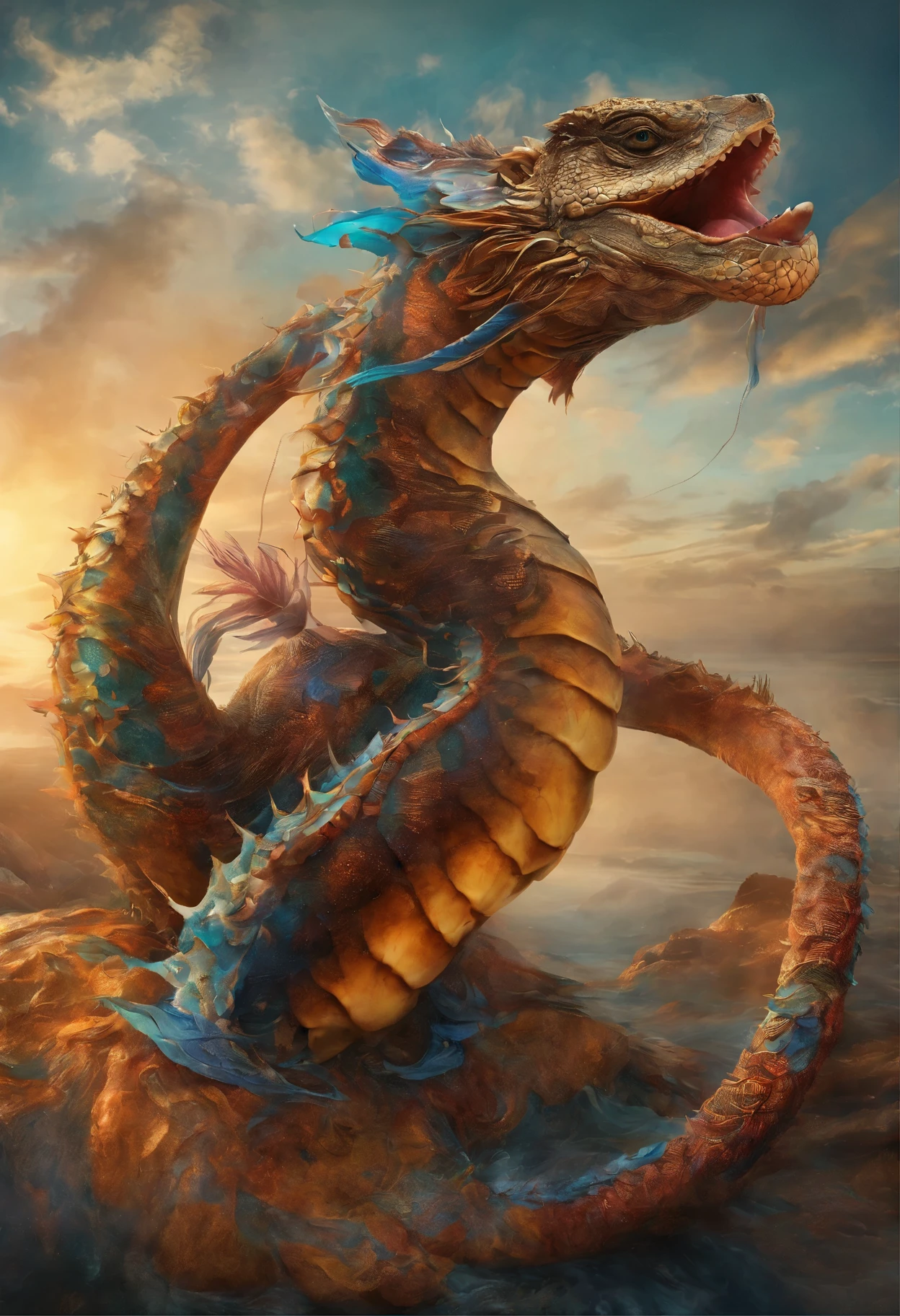 Dragon head snake tail turtle body, Dragon turtle,Stout limbs,Heavy tortoiseshell shell,Huge waves,the detail,super-fine,Ultra photo realsisim,Hyper-realistic,Works of masters,8K,OC renderer,