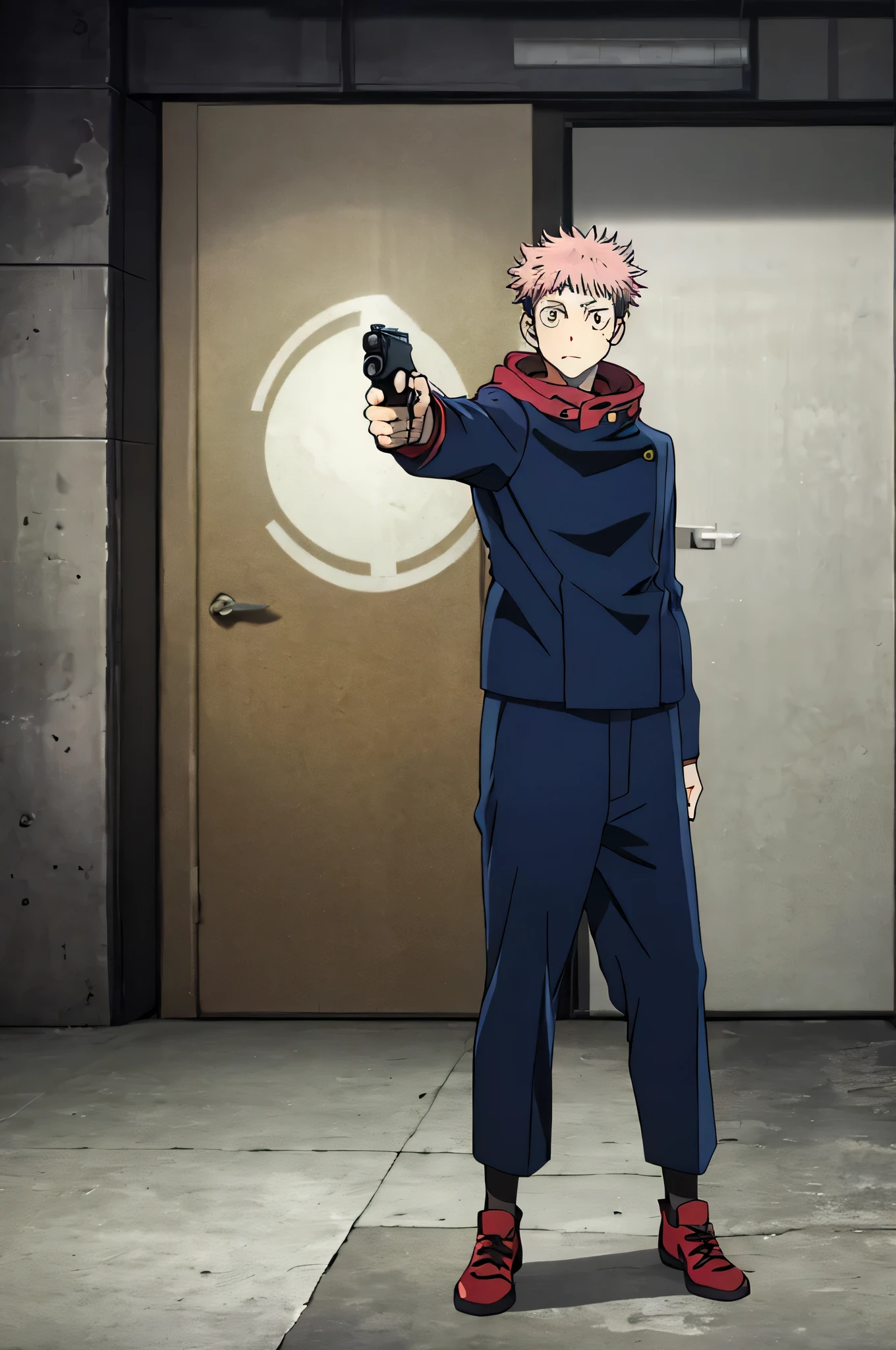 masterpiece, best quality, 1boy, itadori yuuji, pink hair, spiked short hair, undercut, brown eyes, facial mark, hoodie, school uniform, gakuran, jacket, long sleeves, pants, shoes, standing, full body, solo, looking at viewer,pointing gun at viewer,solo,red shoes,holding gun,pistol,blue jacket,blue pants
