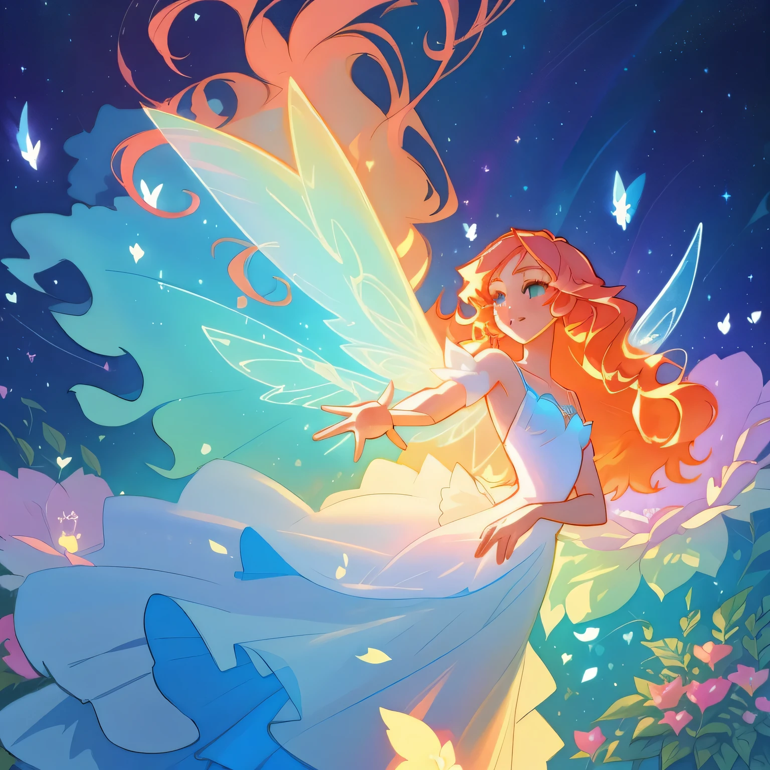 beautiful girl in flowing ballgown dress, (glowing fairy wings), glowing flowing ballgown, long wavy hair, sparkling fairy wings, watercolor illustration, flowers and colorful plants, inspired by Glen Keane, inspired by Lois van Baarle, disney art style, by Lois van Baarle, glowing aura around her, by Glen Keane, jen bartel, glowing lights! digital painting, flowing glowing hair, glowing flowing hair, beautiful digital illustration, fantasia otherworldly landscape plants flowers, beautiful, masterpiece, best quality, anime disney style