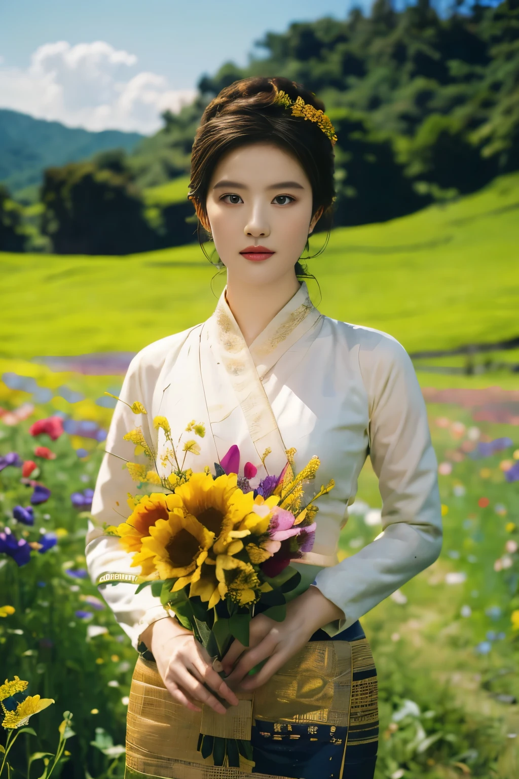 (best quality,4k,8k,highres,masterpiece:1.2),ultra-detailed,(realistic,photorealistic:1.37),HDR,UHD,ultra-fine sharp focus,physically-based rendering,extreme detail description,professional,vivid colors,bokeh,portraits,landscape
A beautiful Tai Khun girl wearing a modernized traditional costume, Arafed, stands in front of a ((breathtaking landscape flowers field)). She has ((stunning almond-shaped eyes and perfectly defined lips, both intricately detailed)). Her face showcases a mix of joy and serenity, as she gracefully embodies the essence of Tai Khun culture. The elaborate costume she wears features vibrant colors and exquisite patterns, truly displaying the attention to detail and masterful craftsmanship.
The scene surrounding Arafed is a picturesque landscape, filled with rolling hills, lush greenery, and ((colorful wildflowers)). The golden rays of sunlight filter through the clouds, casting a warm and ethereal glow over the entire scene. drawing the viewer's gaze towards her.
This artwork is of the highest quality, with a resolution of 8k, The realistic rendering brings the scene to life, making it seem almost like a photograph. The use of (HDR enhances the dynamic range), capturing the full spectrum of colors and creating a visually captivating experience.
The colors are vivid and vibrant, adding a touch of vibrancy to the composition. The lighting is carefully orchestrated, with studio lighting techniques used to highlight the subject and create depth and dimension.
In terms of medium, this artwork is a masterpiece created using ultra-fine painting techniques. The sharp focus on the details, combined with the physically-based rendering. The (bokeh effect) in the background adds a sense of depth and enhances the overall aesthetic appeal of the painting.
 standing in front of a breathtaking landscape. The high-quality rendering and attention to detail bring the scene to life, making it a true masterpiece that captivates the viewer's imagination(floral crown).