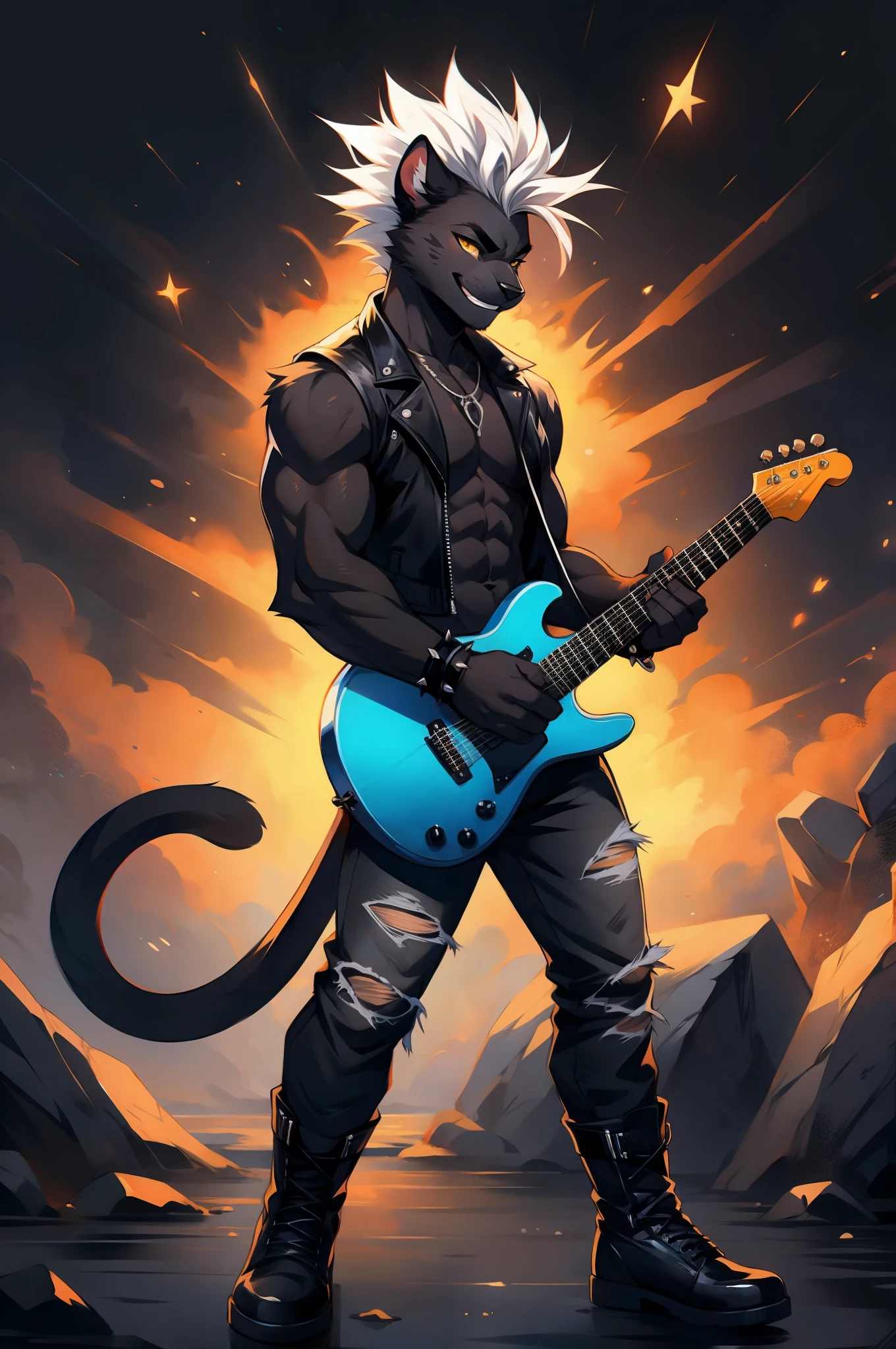 Black panther male, yellow eyes, panther ears, black furry body, muscular, masculine, white hair, faux hawk hair, white leather vest, shirtless, spiked bracelets, blue ripped jeans, black boots, grinning, playing the guitar, holding a black epiphone g400 guitar, no background, blank background, by Fumiko, by hyattlen, by hioshiru