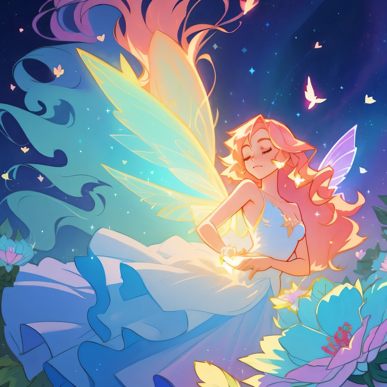 beautiful girl in flowing ballgown dress, (glowing fairy wings), glowing flowing ballgown, long wavy hair, sparkling fairy wings, watercolor illustration, flowers and colorful plants, inspired by Glen Keane, inspired by Lois van Baarle, disney art style, by Lois van Baarle, glowing aura around her, by Glen Keane, jen bartel, glowing lights! digital painting, flowing glowing hair, glowing flowing hair, beautiful digital illustration, fantasia otherworldly landscape plants flowers, beautiful, masterpiece, best quality, anime disney style