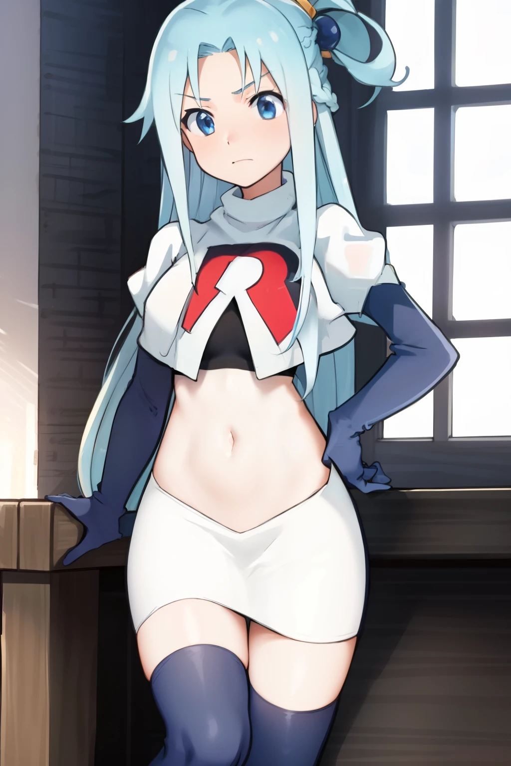 ,anime screencap,anime coloring,
1girl, long hair, solo, blue hair, blue eyes, hair rings, hair ornament, breasts, team rocket,team rocket uniform,white skirt,crop top,black thigh-highs,black elbow gloves,