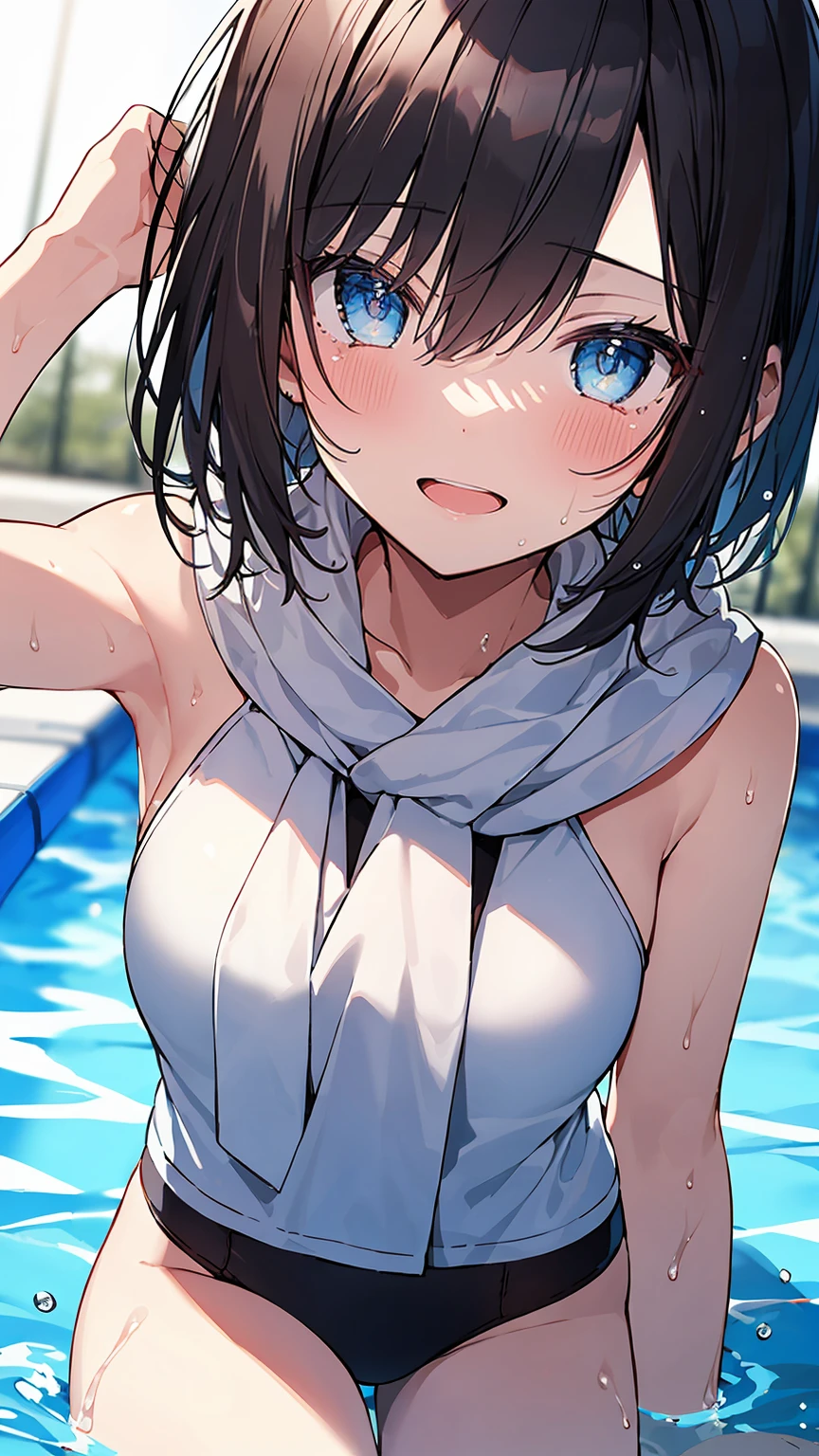 ((8Kmasterpiece,highest quality)), ultra high resolution, (masterpiece: 1.4), hyper detail, (((1 girl))),Watery eye,beautiful and delicate eyes,light blue eyes,Big eyes,shining eyes of light,Fine and long lashes,detailed light,beautiful face, ,((black hair)),((short hair)),shy smile,open your mouth,slender body,Swimsuit,(Wearing a towel around your neck),sports drink,pool, looking at the viewer
