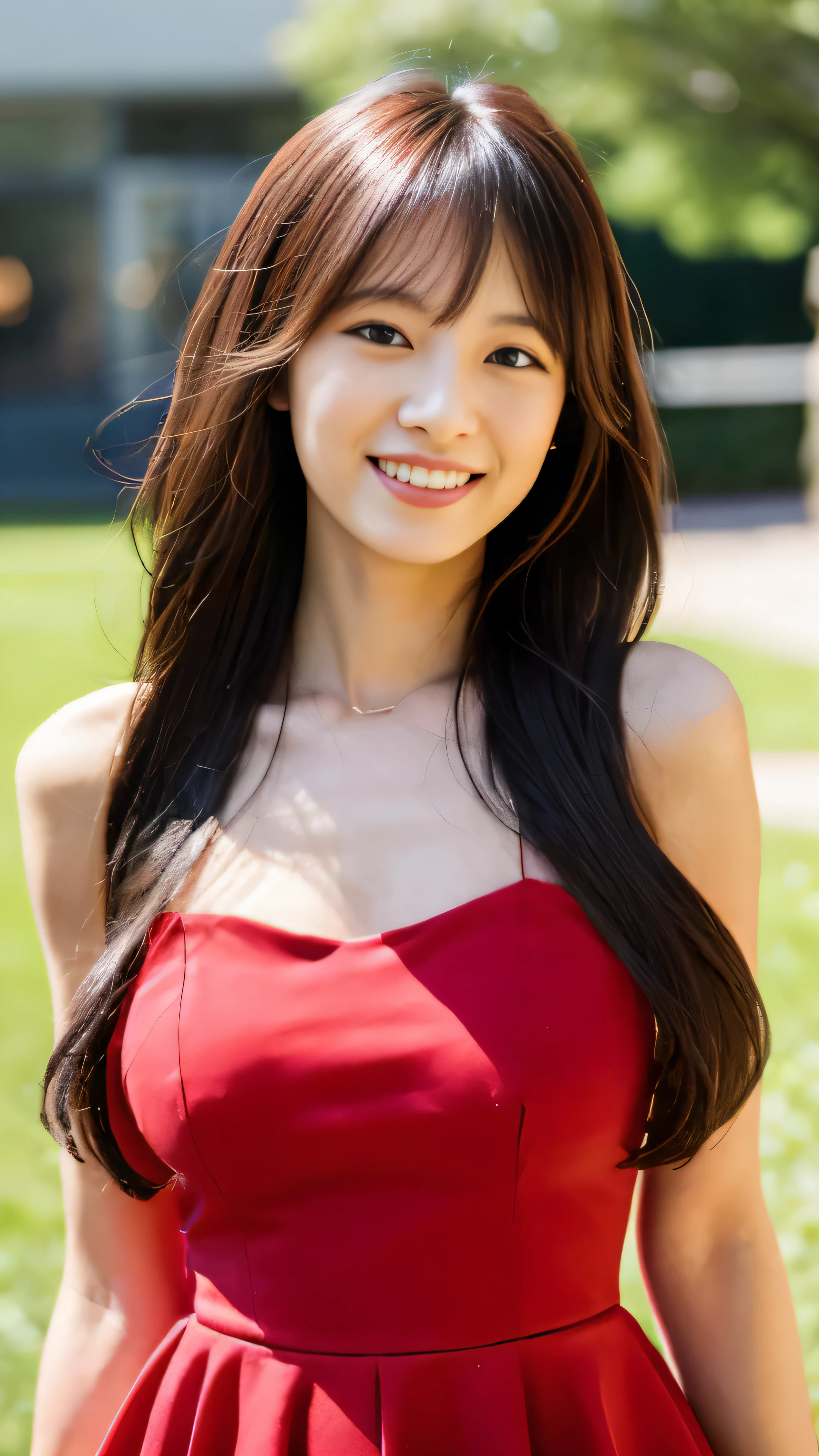 High definition image 1 girl, by Kayahara, smile, long hair, red dress, Upper body, Red Pendant