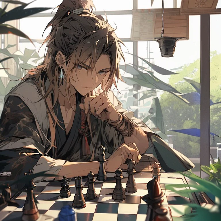 a woman sitting at a table with a chess board and a chess set, !!playing chess!!, artwork in the style of guweiz, playing chess, chess game, kawacy, handsome guy in demon slayer art, by Yang J, guweiz, from arknights, handsome anime pose, taisho roman, by Zhou Fang, chess