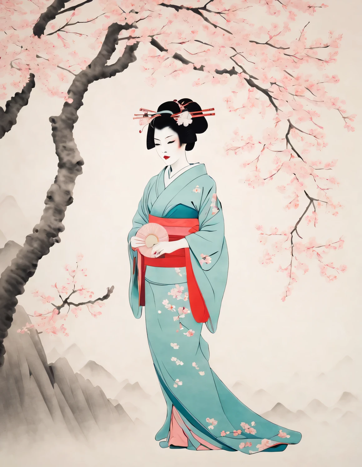 Soft Color Tones, Japanese minimalistic engraving, geisha under sakura