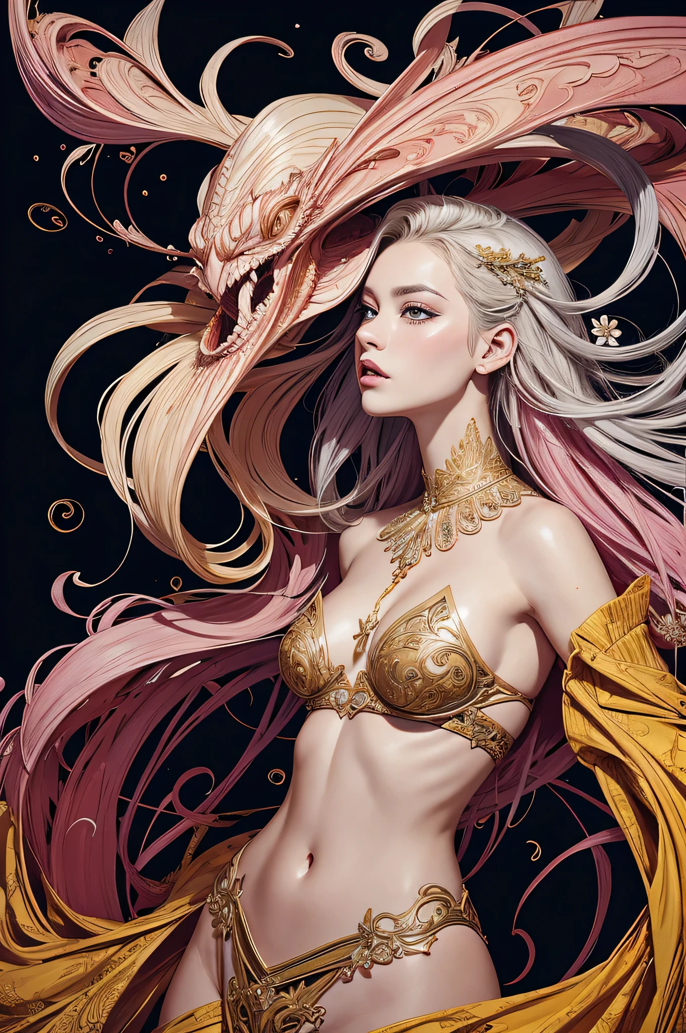 offcial art,统一 8k 壁纸,ultra - detailed,Beauty and aesthetics,tmasterpiece,best qualtiy,(zentangle,datura,Tangles,entangled),(fractal art:1.3),1girl,The is very detailed,dynamic angle,cowboyshot,The most beautiful form of chaos,Elegant,Fauvist design,vivd colour,𝓡𝓸𝓶𝓪𝓷𝓽𝓲𝓬,James Jean,Robbie Devi Antono,ross tran,Francis Bacon,Michal Mraz,adrian ghenie,petra cortright,Gerhard Richter,Takato Yamamoto,Ashley Wood,Atmospheric,A note of ecstasy,streaming musical notes visible