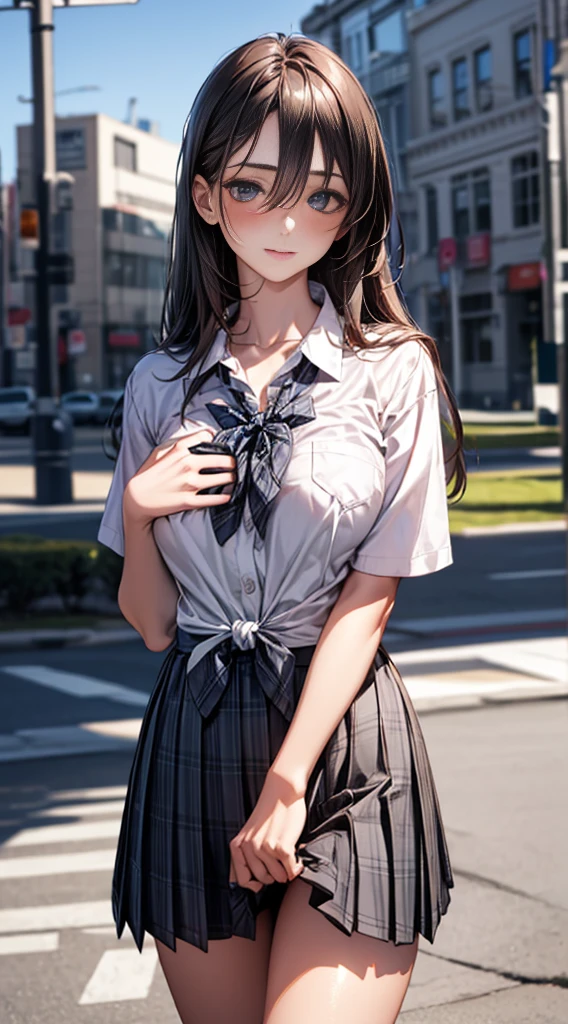(masterpiece:1.2, highest quality), (realistic, photorealistic:1.4), beautiful illustrations, 
looking at the viewer, whole body, Front view:0.6, 
1 girl, Japanese, high School girl, (long hair:1.5), blown hair, (tied hair:1.5), bangs, hair between eyes, big breasts:0.8, 
beautiful hair, beautiful face, beautiful and fine eyes, beautiful clavicle, beautiful body, beautiful breasts, beautiful thighs, beautiful feet, beautiful fingers, 
(beautiful scenery), , School,
((Short sleeve shirt with collar, white shirt, School uniform, Grey plaid pleated skirt, Blue plaid bow tie)), white panties, 
(Are standing, , lift the skirt, Grab the hem of the skirt, put your hand on your chest, hand between legs), 
blush, ,