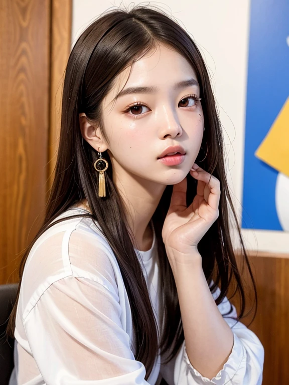 Un primer plano de una mujer con el pelo largo y una camisa blanca, jennie blackpink, de cara redonda, Jinyoung Canela, ulzzang, rasgos de la cara coreana, joven y adorable rostro coreano, pale korean adorable face, jaeyeon nam, muchacha coreana, Southeast Asian with round face, pale round face, Hermosa cara redonda, heonhwa choe, Hermosa mujer surcoreana