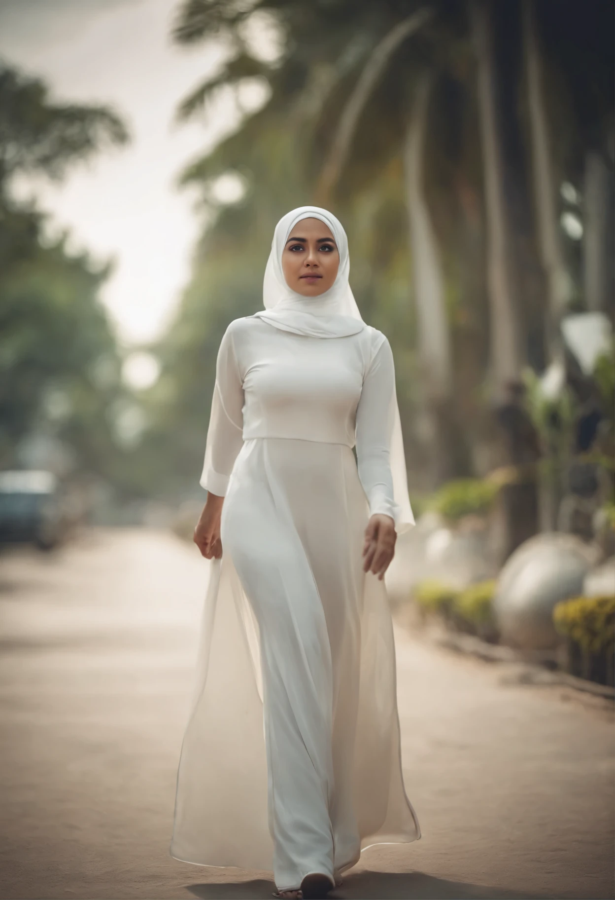 South east asian girl, wearing thight white pants and tight satin dress, wearing hijab