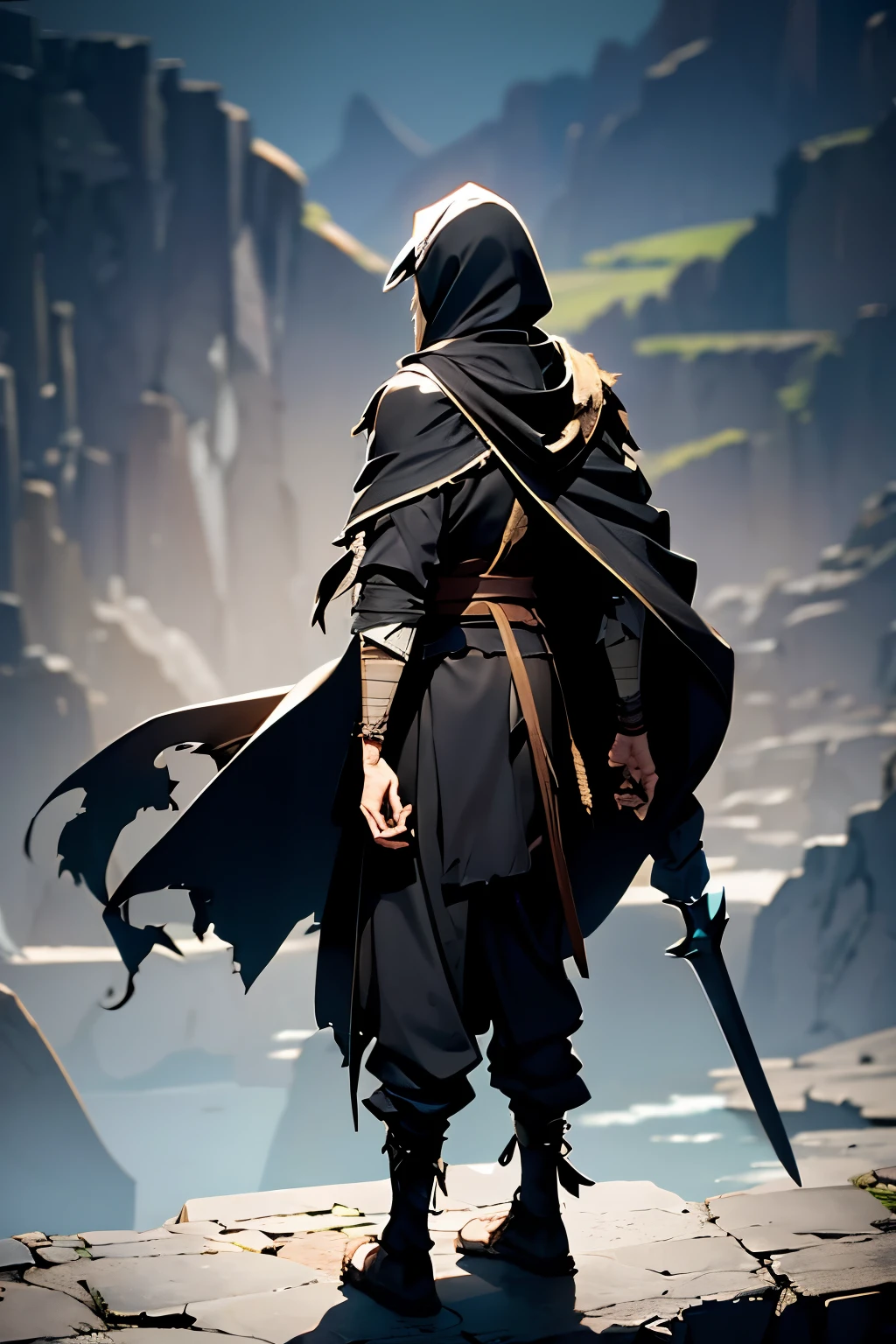 Full body image from head to toe、Putting the hood over your head、An adventurer wearing a large torn cloak with tattered edges.、carries a large sword on his back、elder brother、The shabby appearance of a vagrant、disturbing dark background、