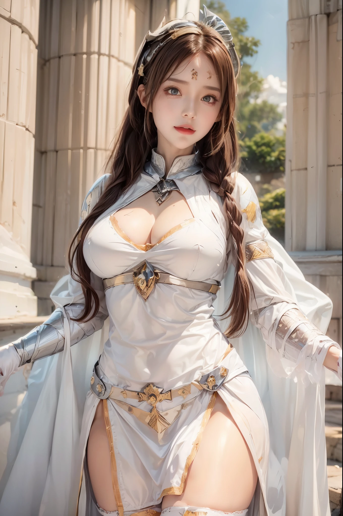 asuna, asuna_(sao), (1girl,solo) ,fantasy, highres, 19 yo,  original, (wear in a sheath on waist:1.3), smile, (white knight wizard long cape:1.5), short hair, medium breasts, looking at viewer, bangs ,detailed hazel brown eyes, beautiful background, ((morning sun,Western-style private room)), hands on the chest,(brown hair,short ponytail:1.5), (platinum knight wizard full armor:1.55),short hair, standing,straight-on, abec,(full body:1.1), white thighhighs,(abec:1.4),