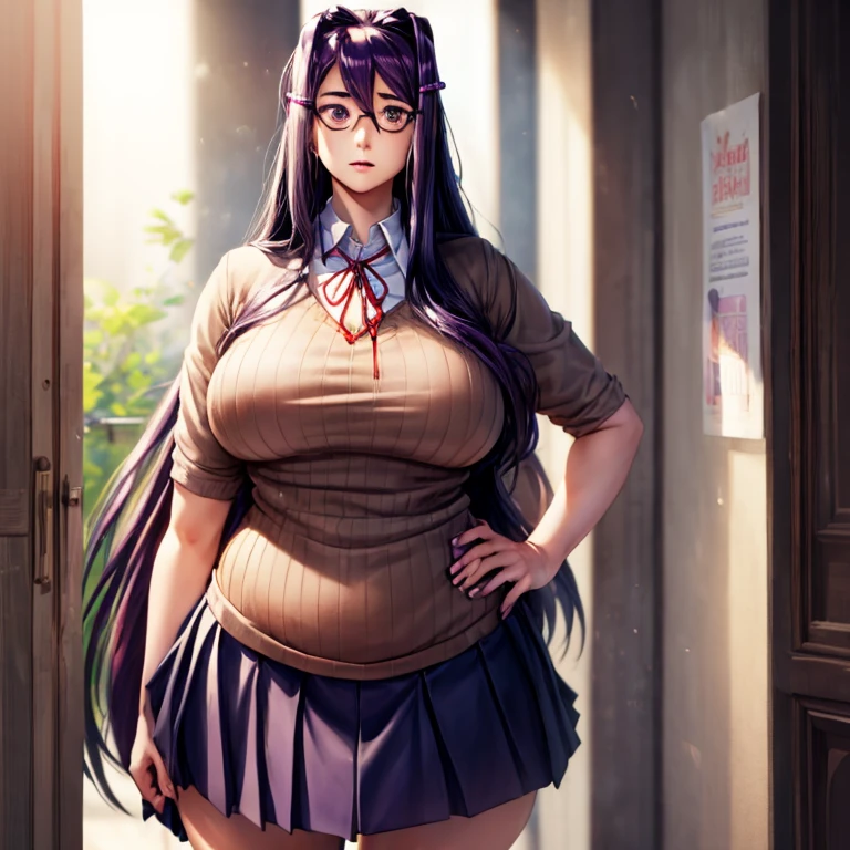 Nerdy girl, pale white skin, wearing purple glasses, black hair, very long length black hair, naked, very big breasts, thick body, nerdy girl with pale white skin Equestria girls, full body, Standing, in the classroom, nerdy girl with pale white skin, cuerpo completo, high resolusion